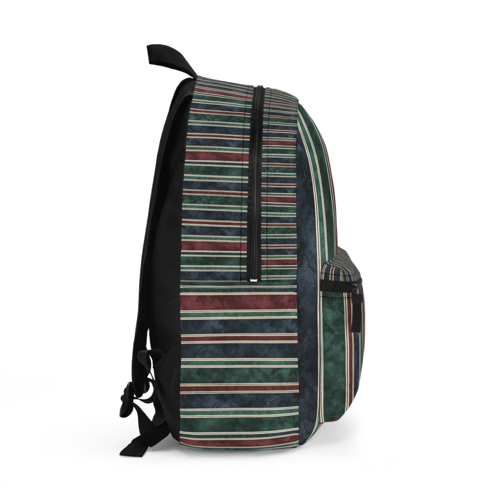 Striped backpack with black straps and zippers against a white background.
