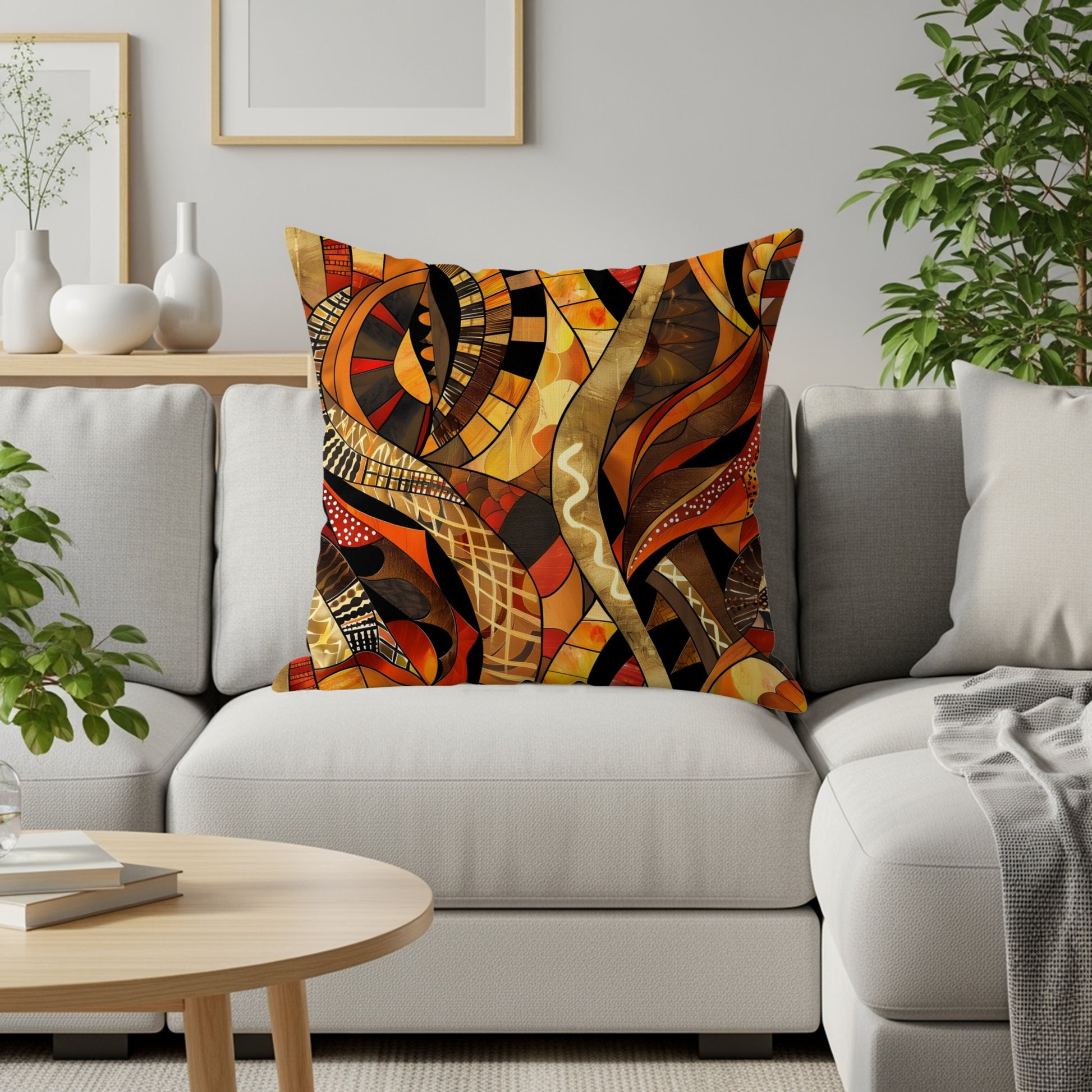Pillow with abstract warm-toned organic pattern placed on a sectional sofa.