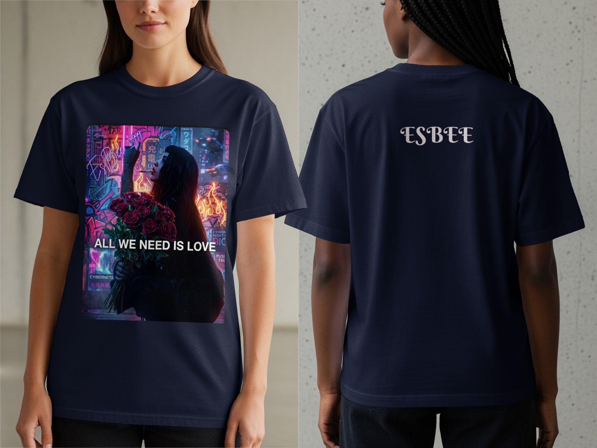 Dark t-shirt with neon "All We Need Is Love" graphic on front and "ESBEE" on back.