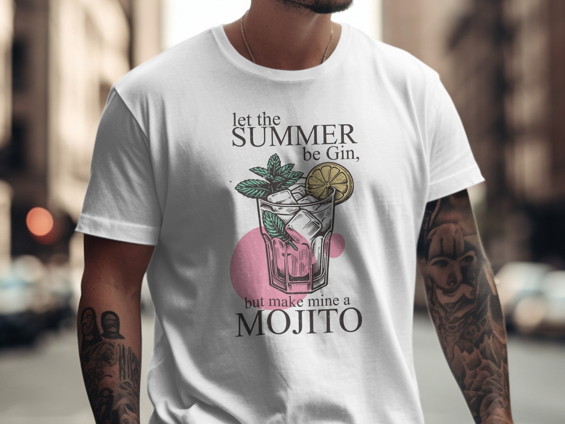 White t-shirt with "Let the Summer be Gin, but make mine a MOJITO" and cocktail illustration.