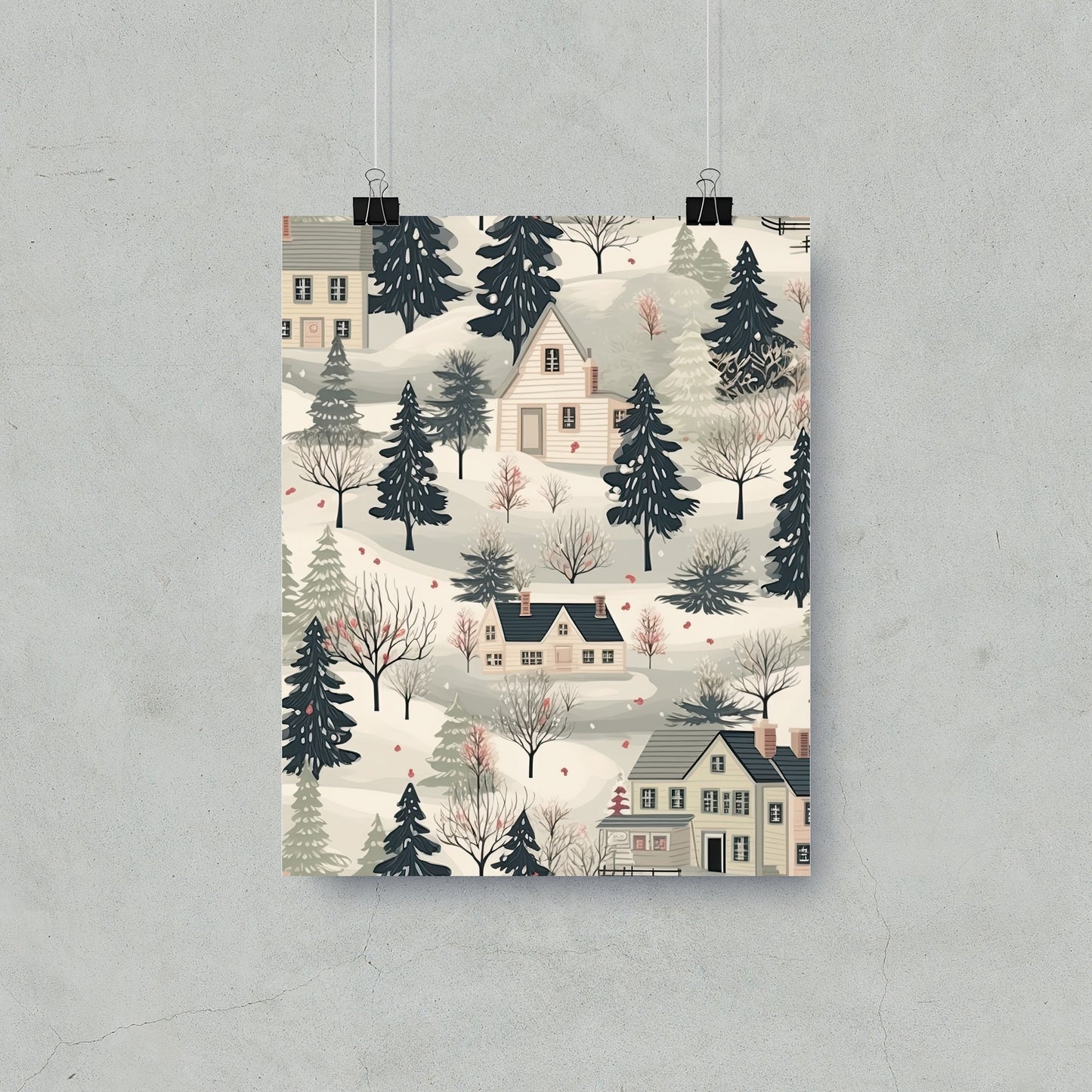 Snowy Winter Village Scene Wall Art Print