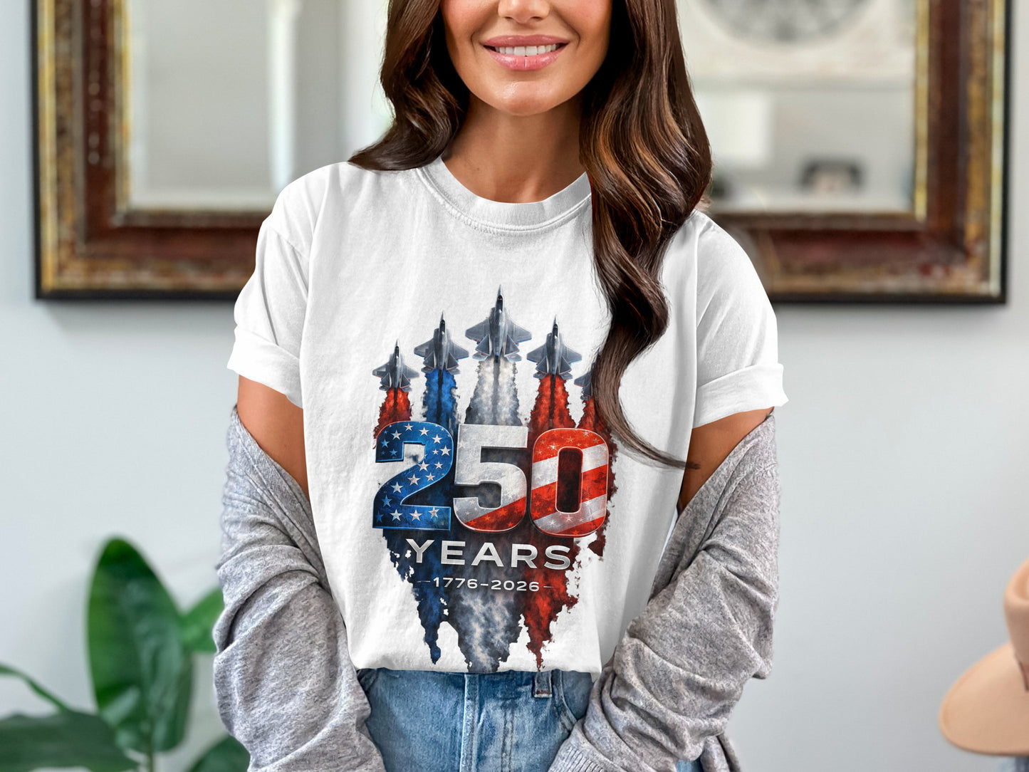 White t-shirt with 250 years 1776-2026 text and fighter jets.