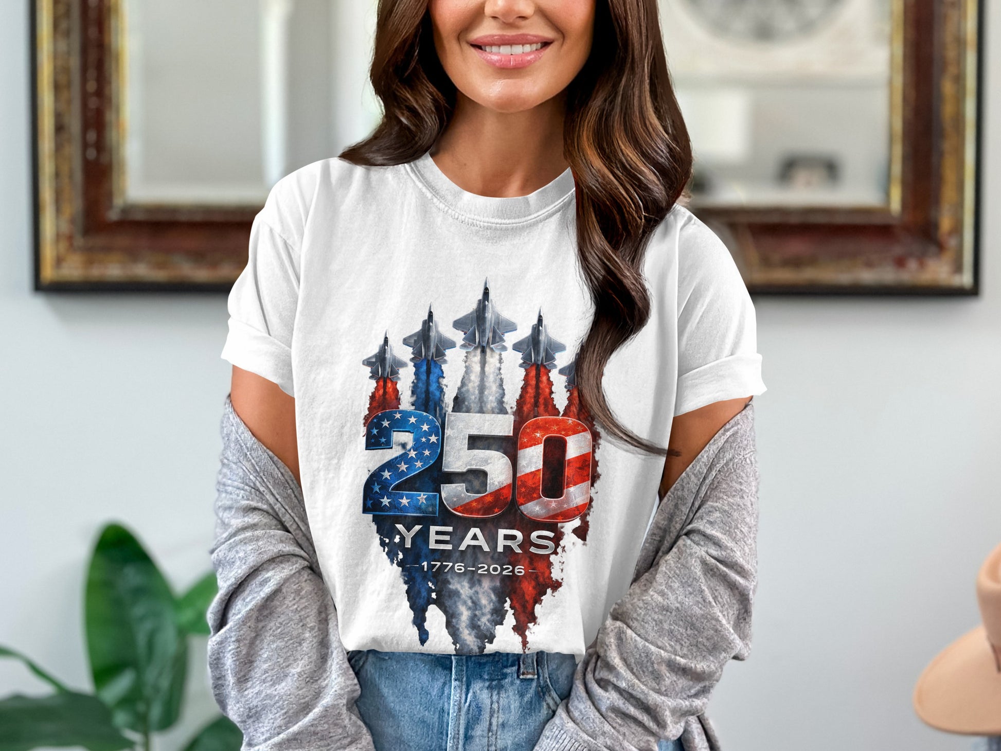 White t-shirt with 250 years 1776-2026 text and fighter jets.