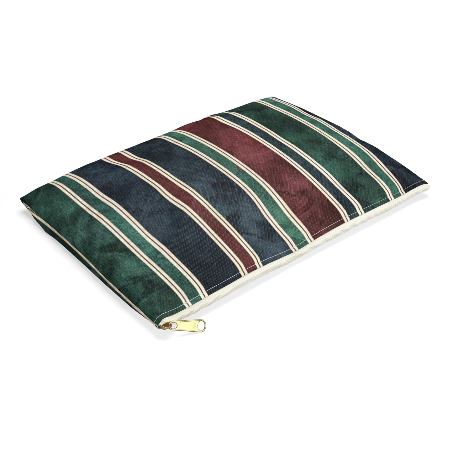 Rectangle pillow with dark green, maroon, and navy stripes and cream piping.