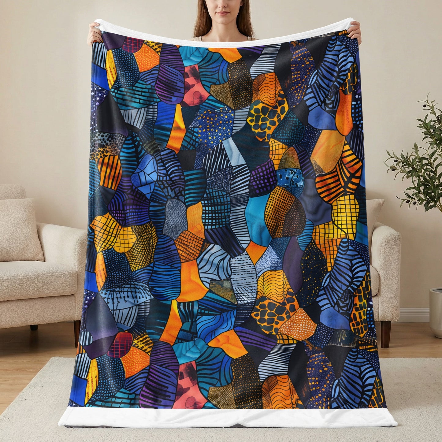 Textile with abstract mosaic pattern of colorful shapes and varied graphic textures.
