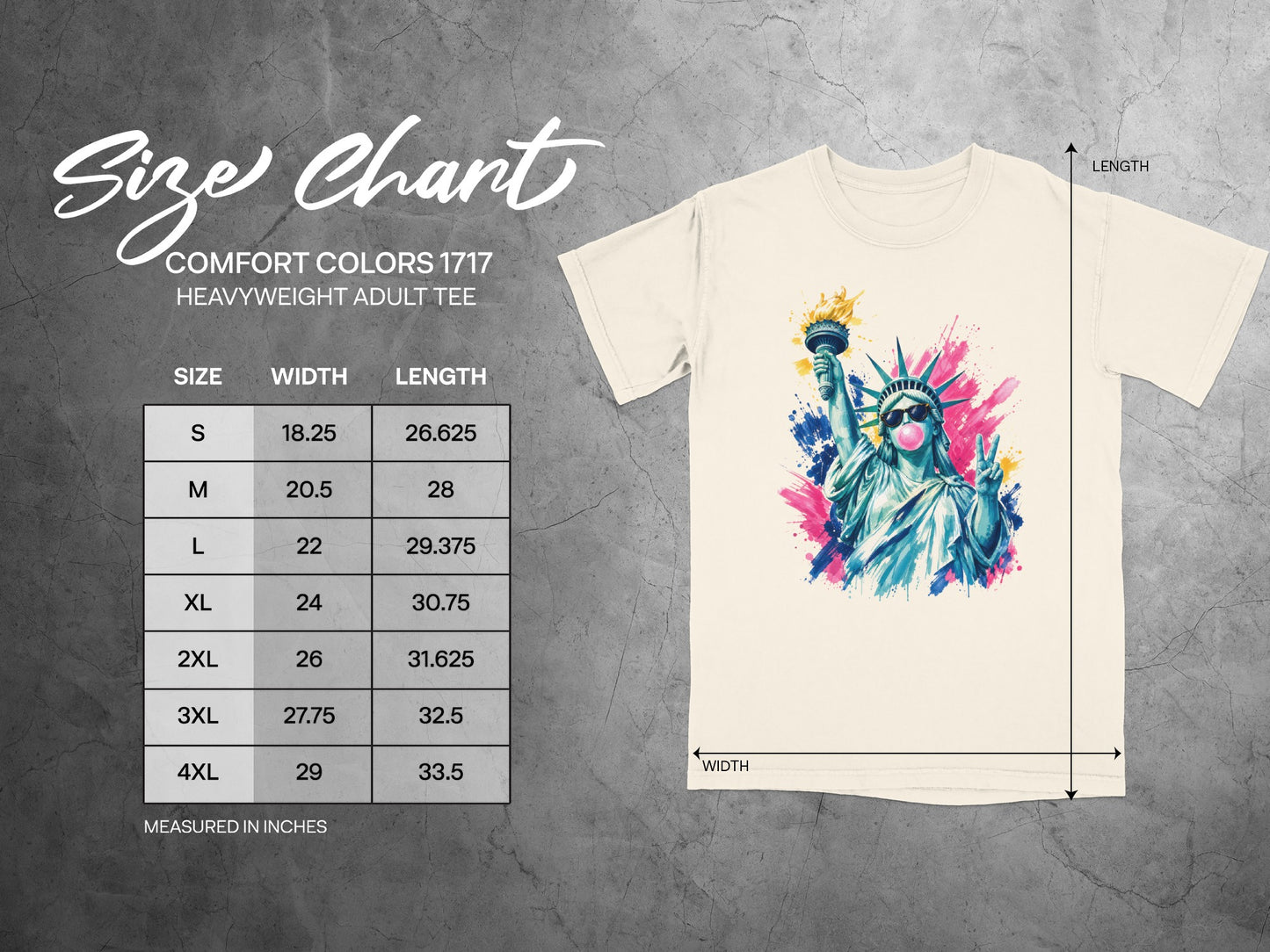 Size chart for Comfort Colors 1717 heavyweight adult tee with measurements.