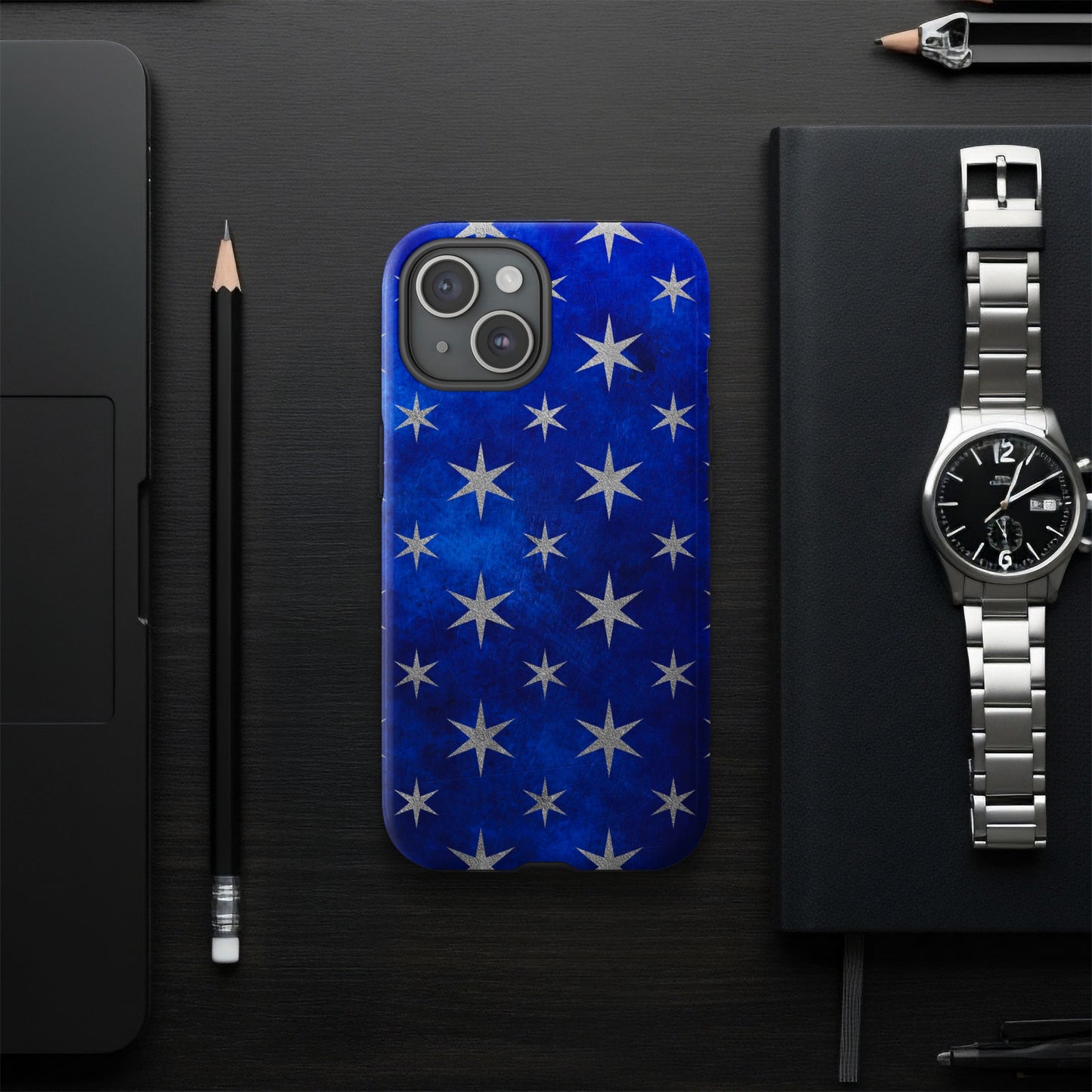 Blue Phone Case with White Star Pattern Design
