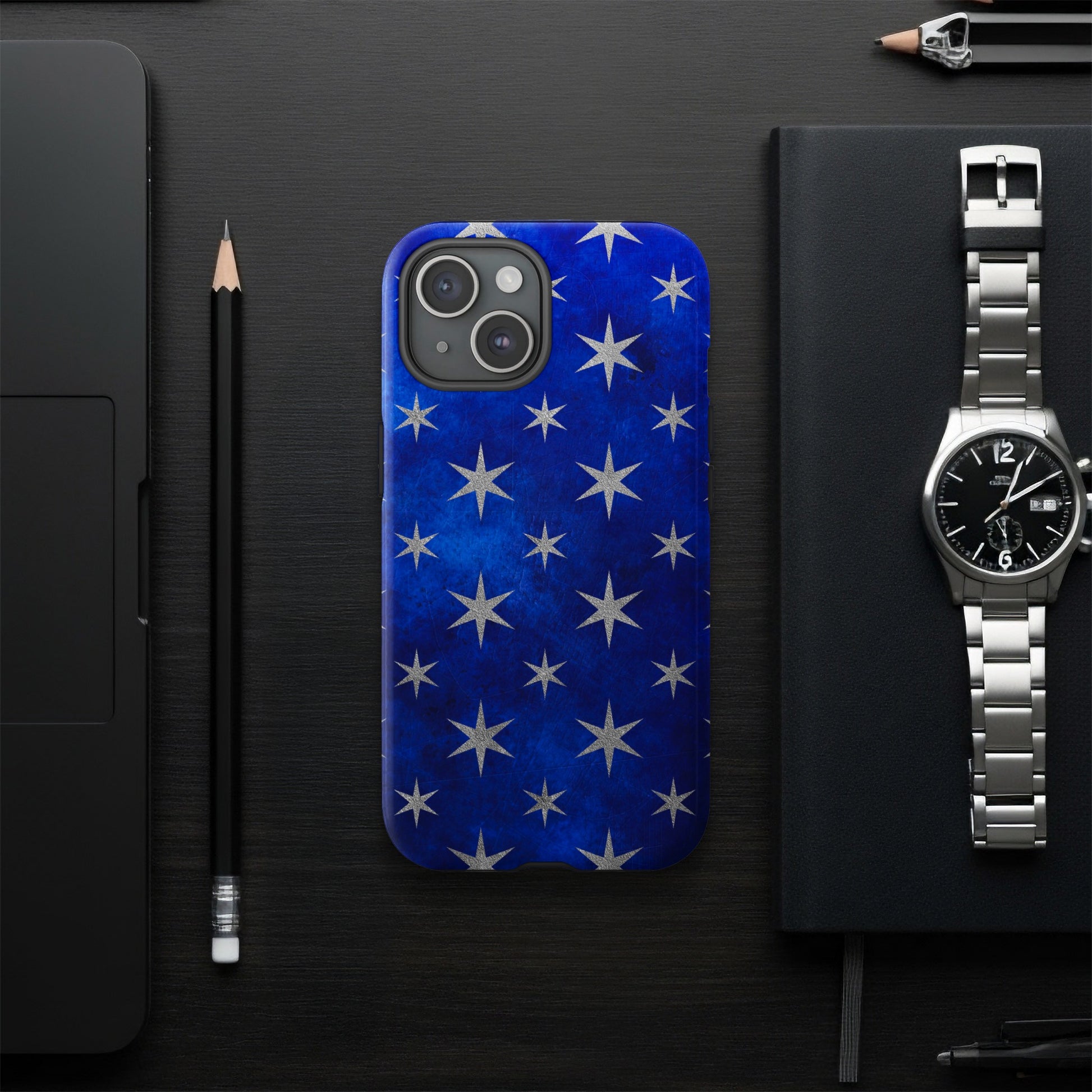 Blue Phone Case with White Star Pattern Design
