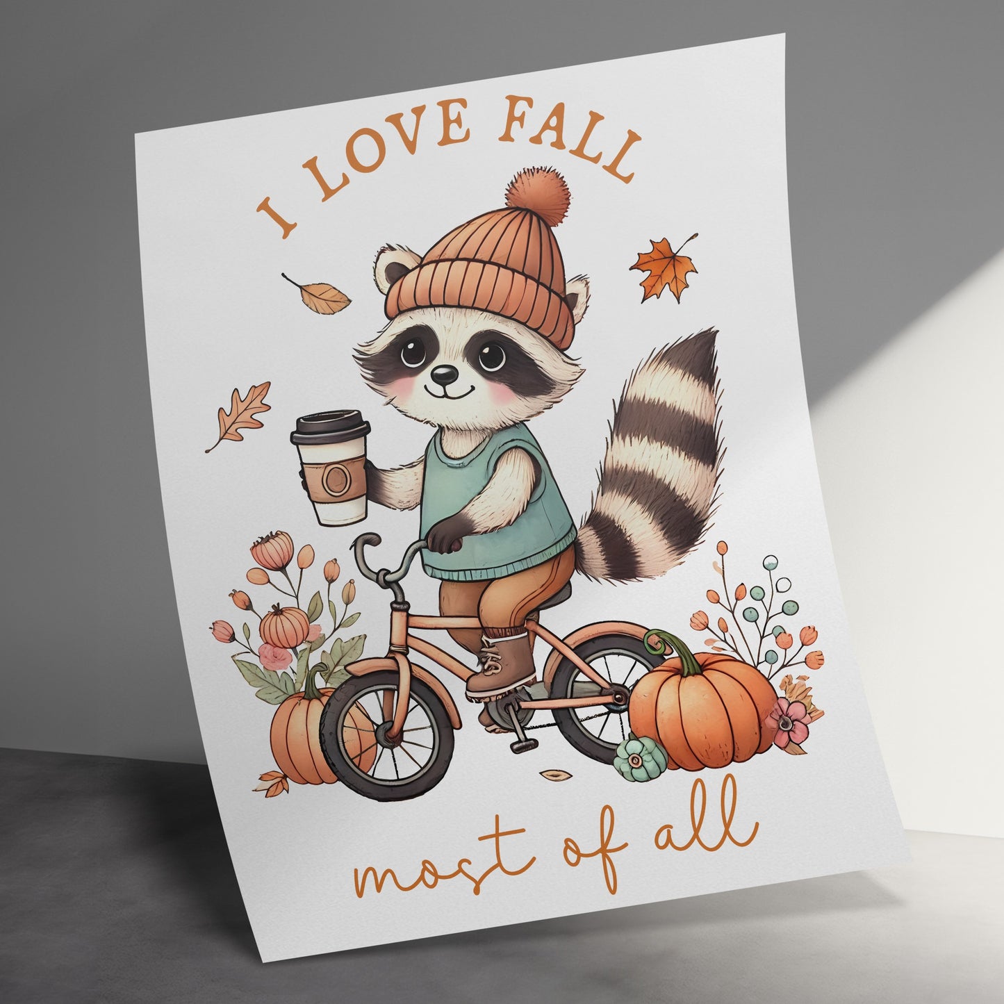 Cute Fall Raccoon on Bicycle with Coffee Art product type
