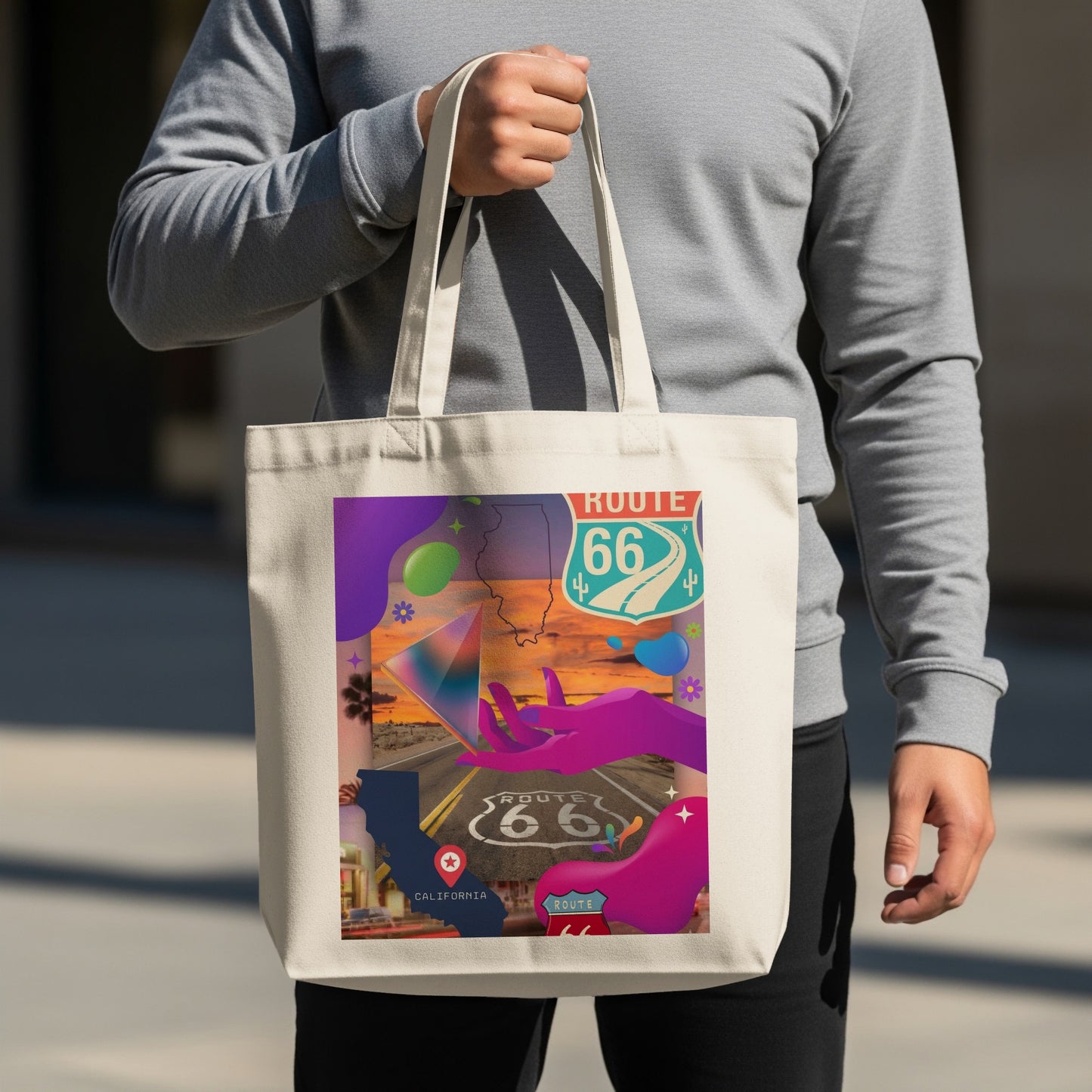 Tote bag with a collage of Route 66 imagery, a map, and abstract shapes.