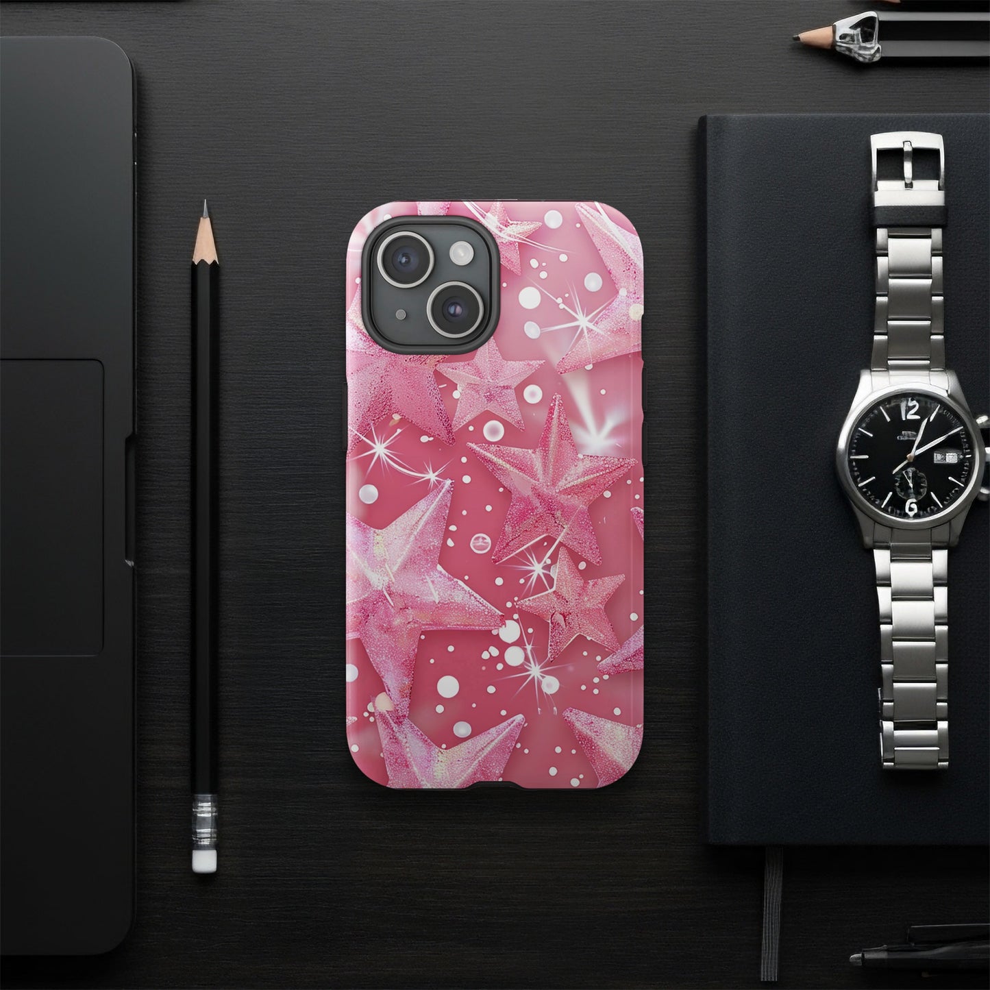 Pink Starfish Design Phone Case with Bubbles