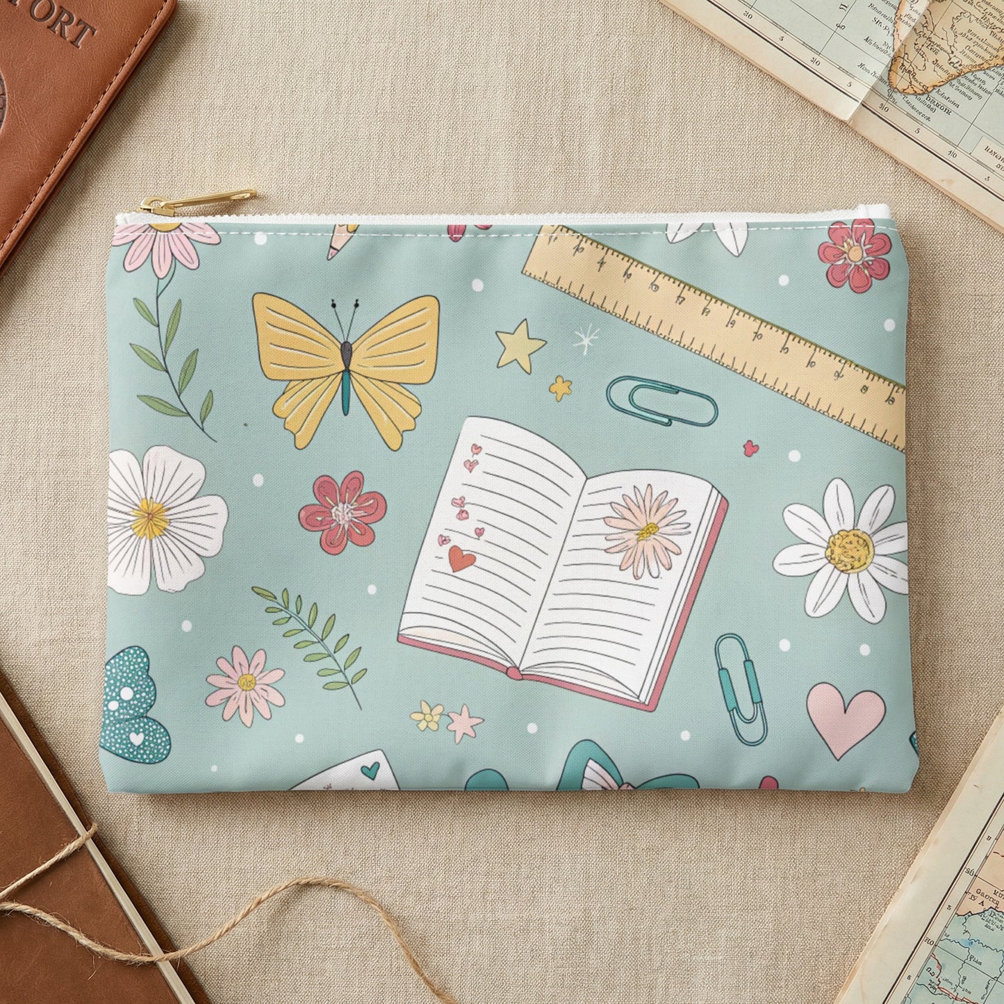 Pouch with pastel pattern of butterflies, flowers, books, and school supplies.