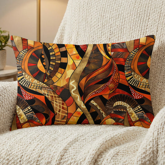 Rectangular pillow with vibrant abstract geometric pattern in warm earthy tones.