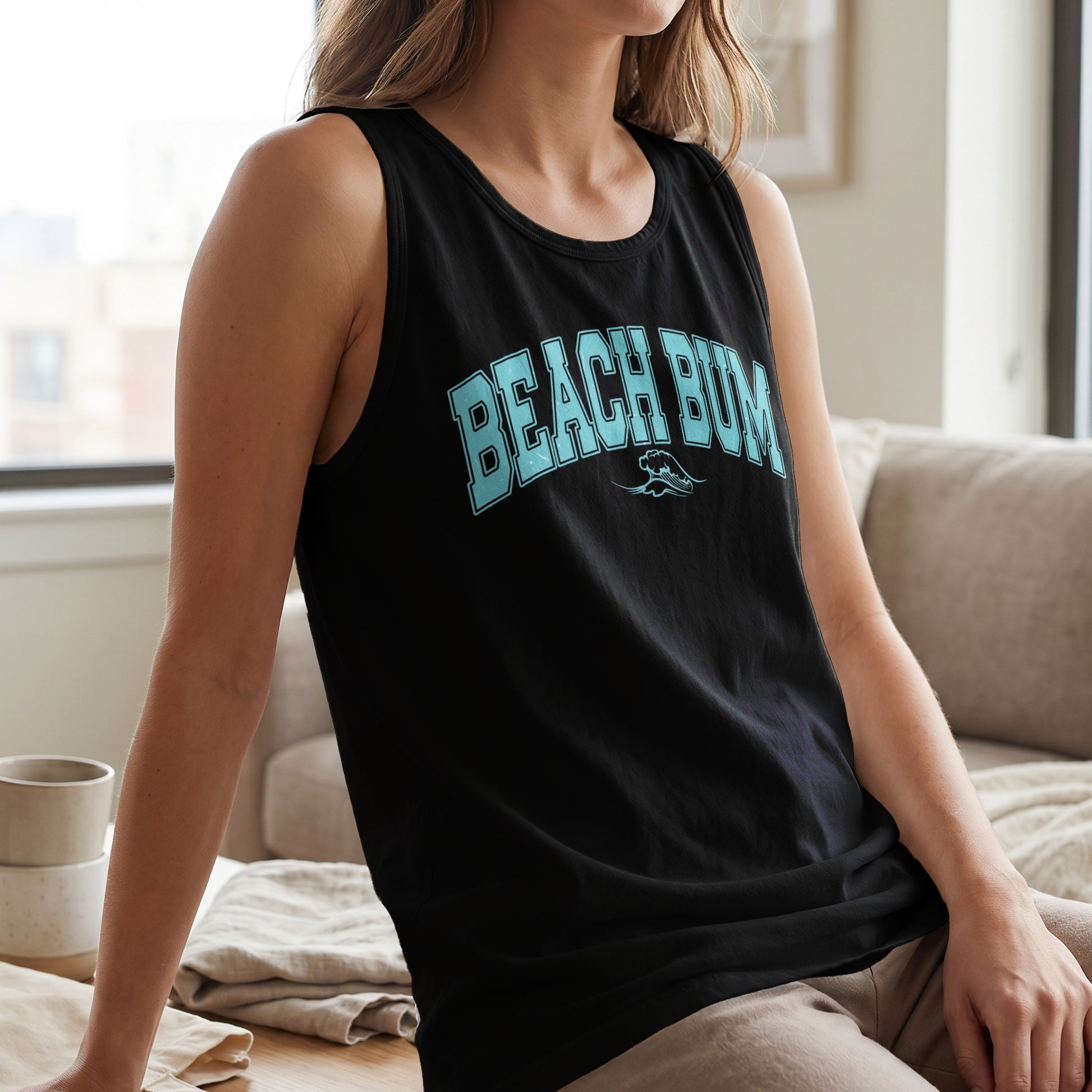 Black tank top with light blue "BEACH BUM" text and wave graphic.