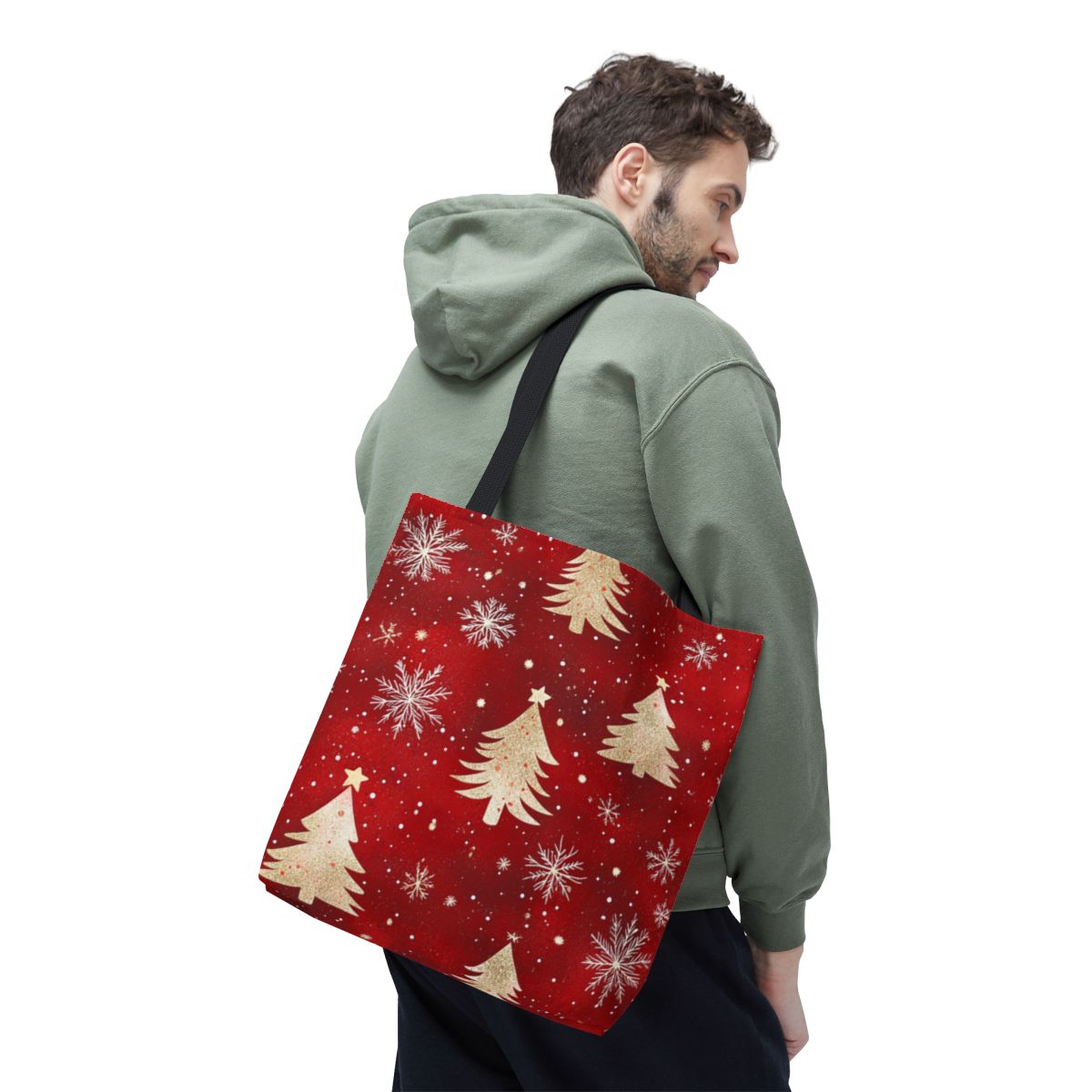 Festive Red Tote with Christmas Trees and Snowflakes