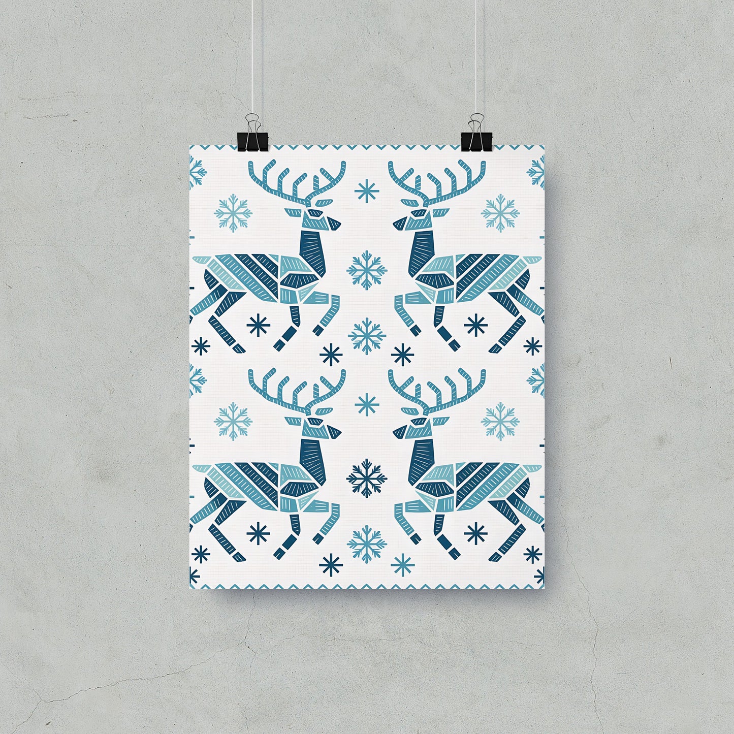 Blue Geometric Reindeer Pattern Wall Art Poster