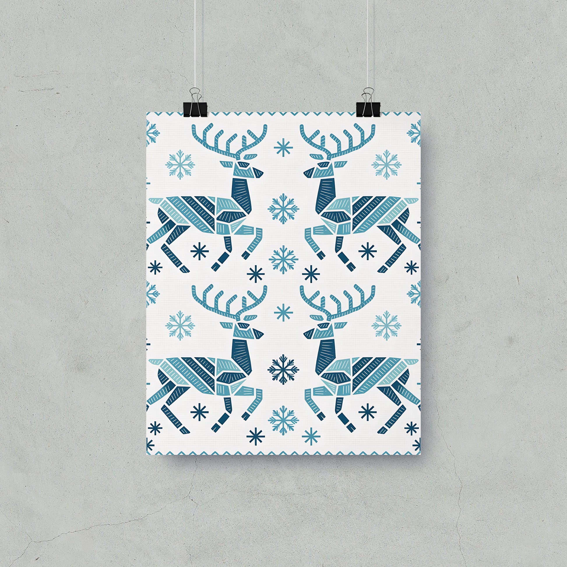 Blue Geometric Reindeer Pattern Wall Art Poster