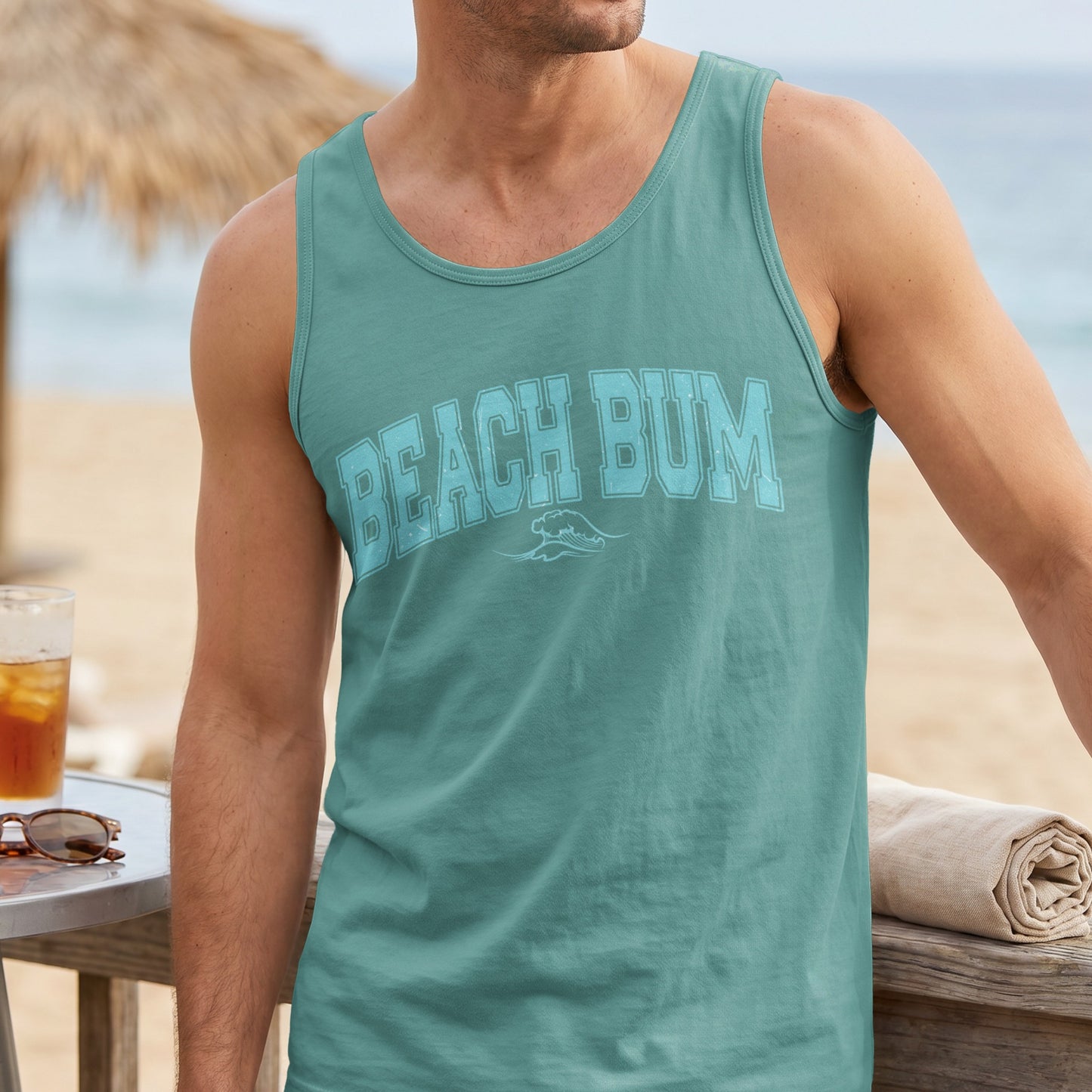 Teal tank top with "Beach Bum" text and a small wave graphic.