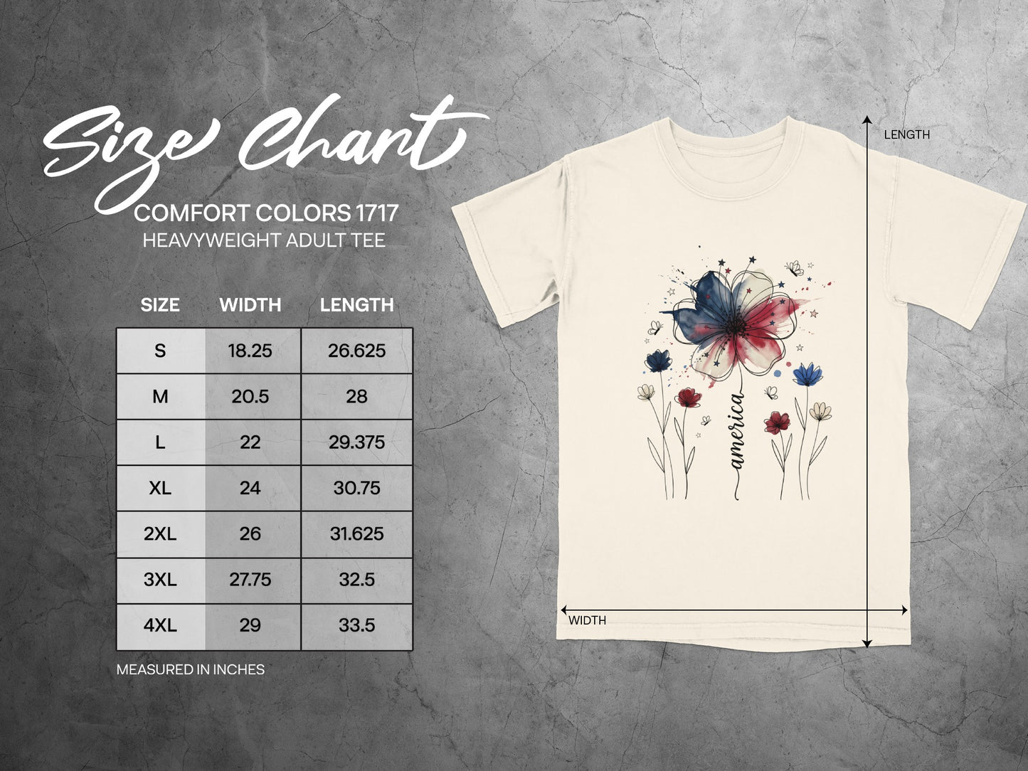 Comfort Colors 1717 size chart for heavyweight adult tees, measured in inches.