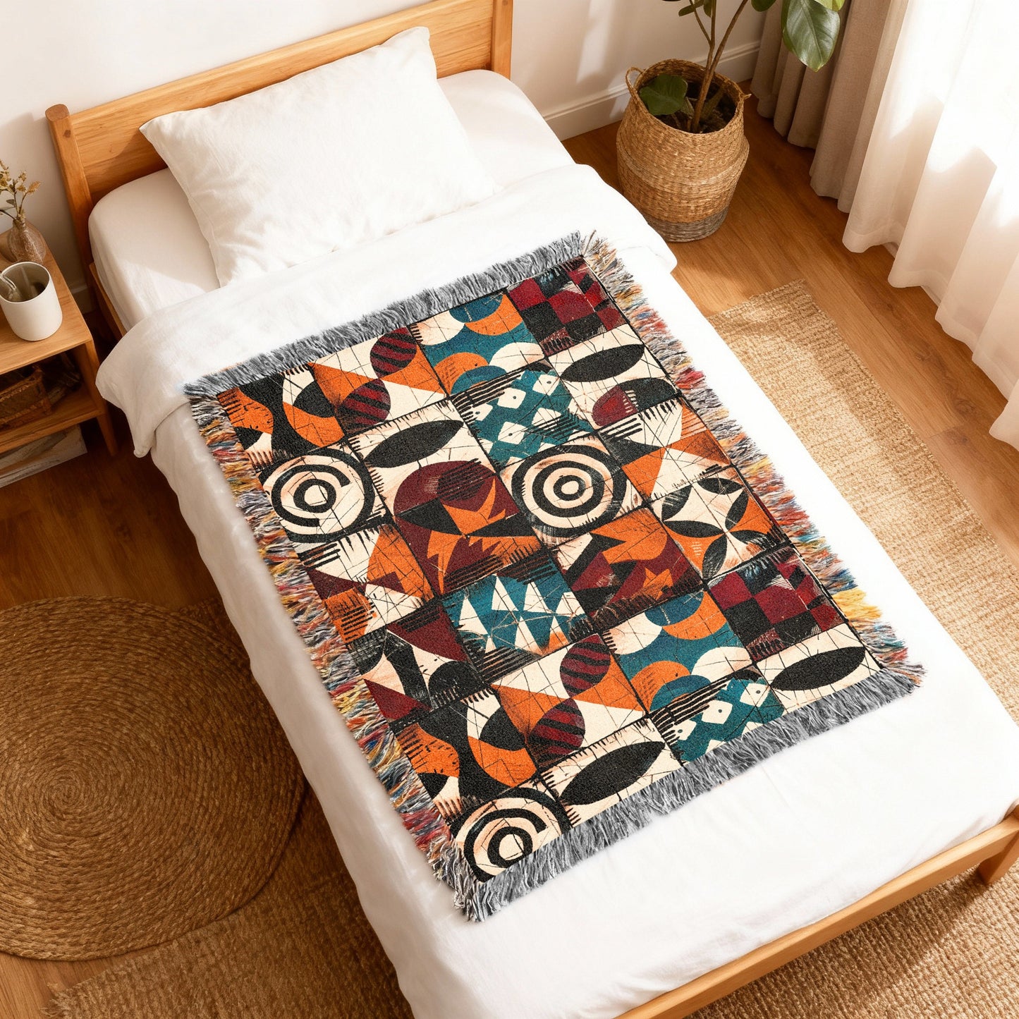 Woven blanket with a colorful geometric and abstract pattern on a white bed.
