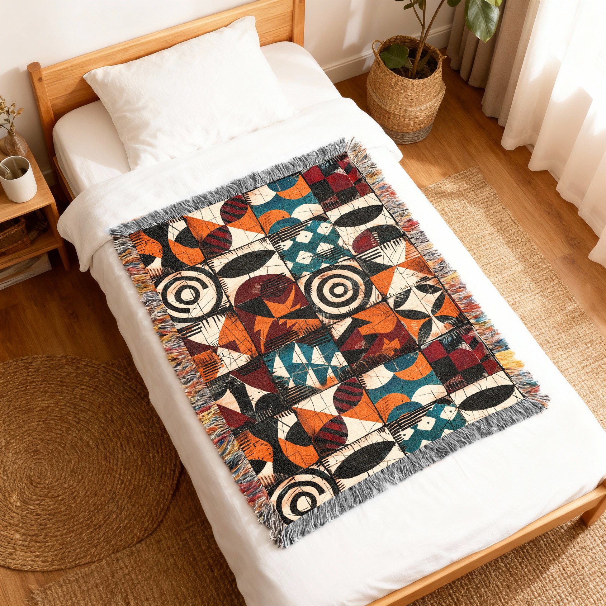 Woven blanket with a colorful geometric and abstract pattern on a white bed.