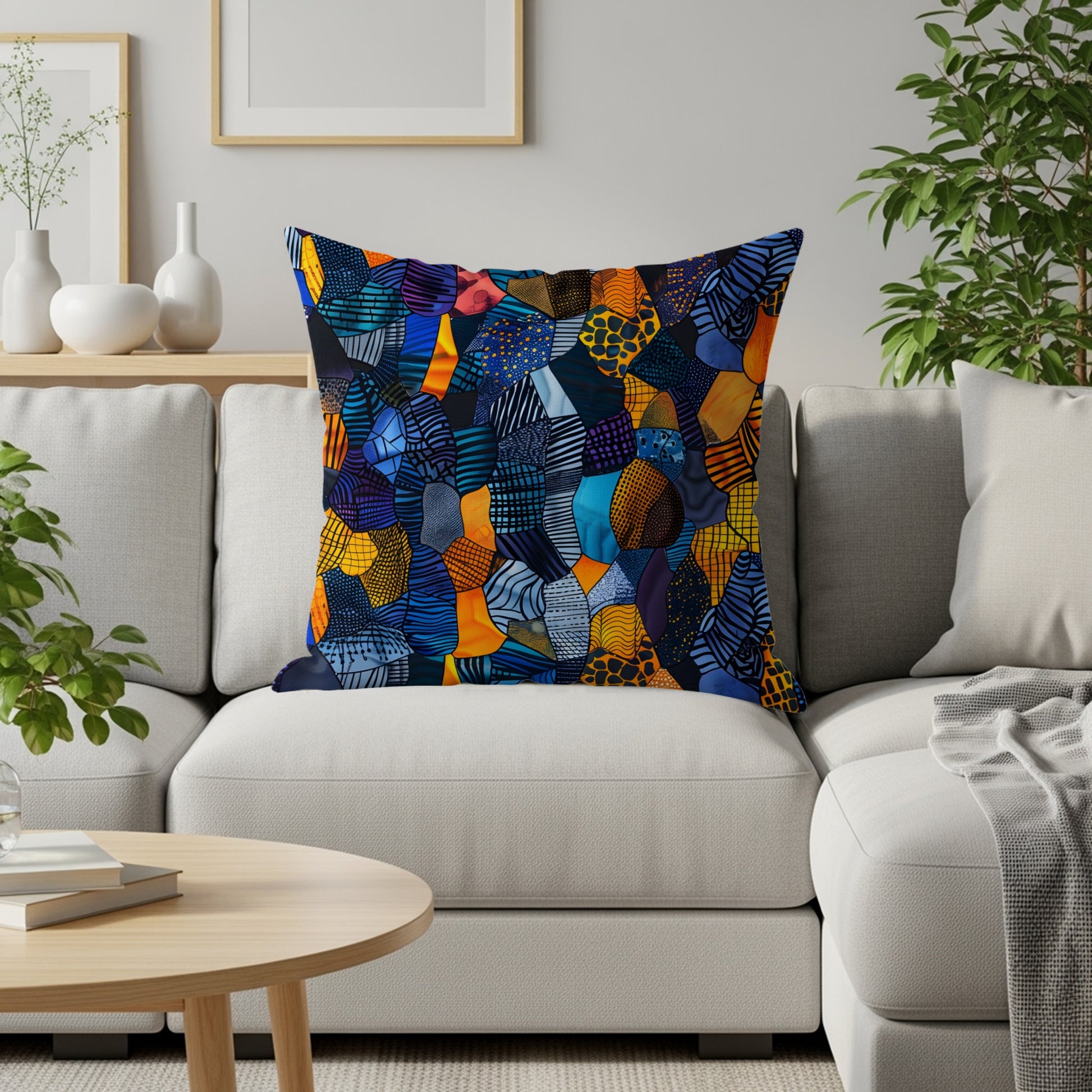 Abstract mosaic print pillow in blue, orange, yellow, and purple on a sofa.