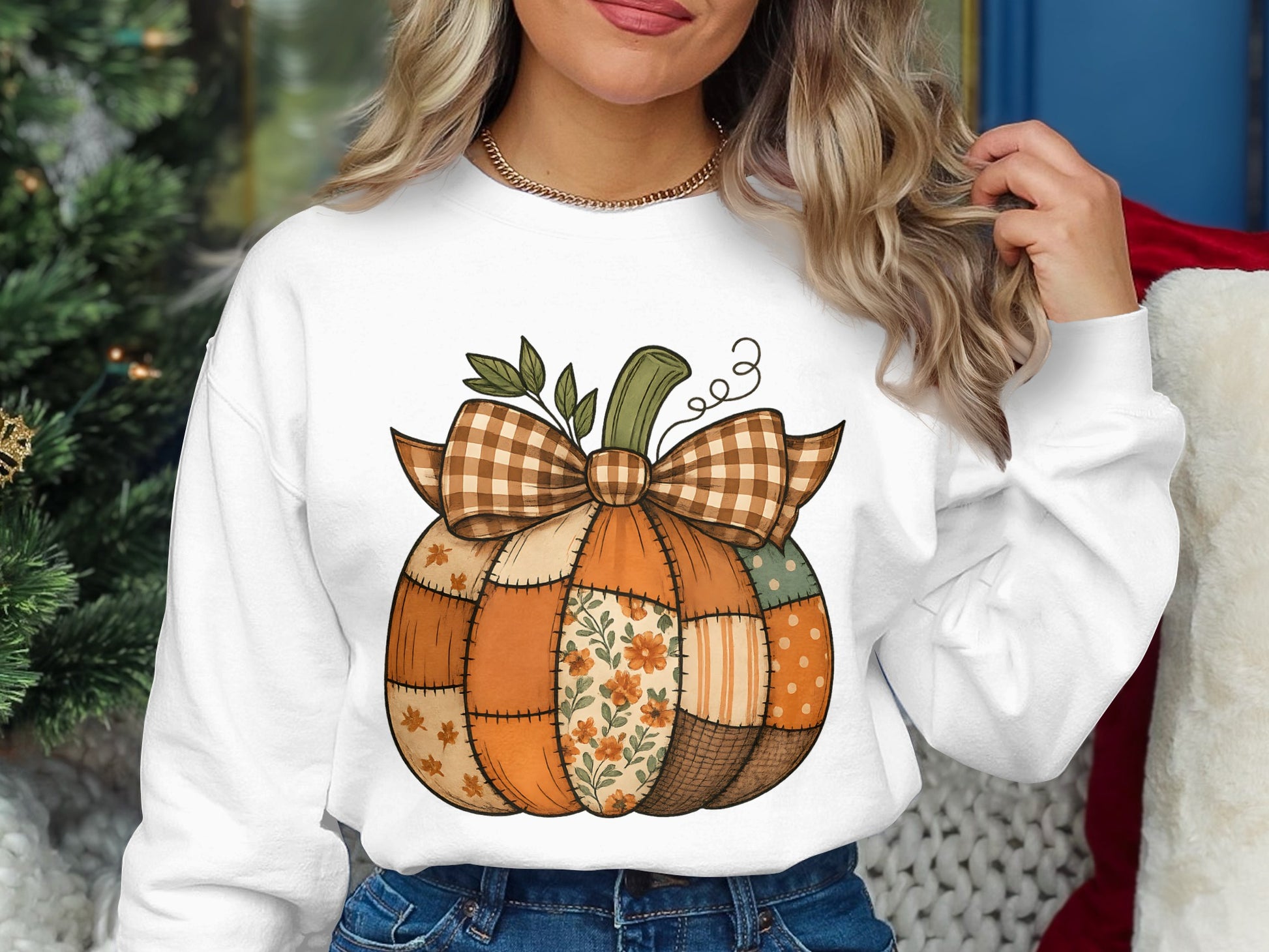 Cozy Autumn Patchwork Pumpkin Sweatshirt