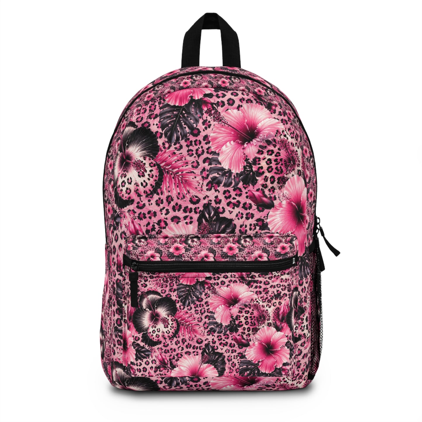 Pink backpack with hibiscus flowers and leopard print.