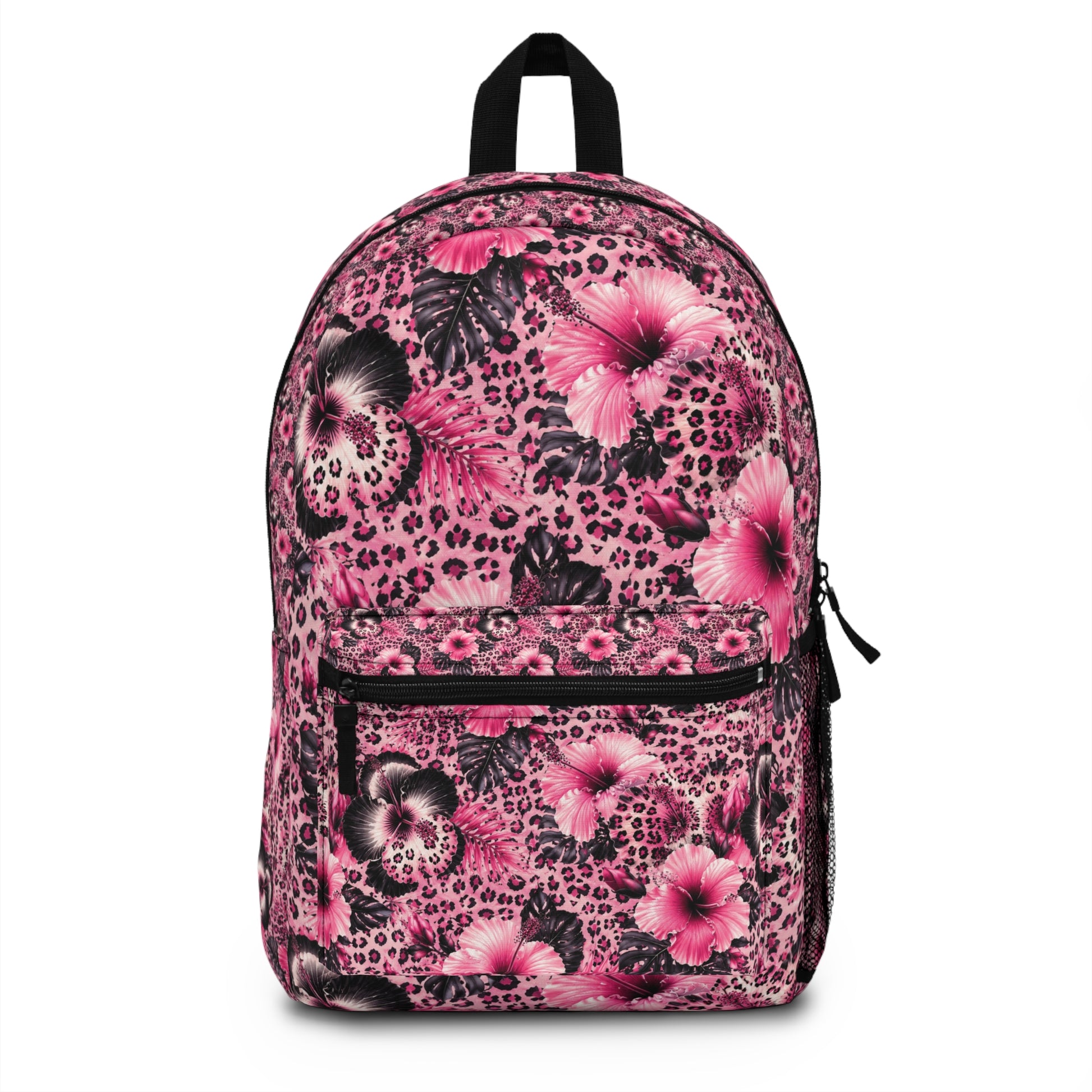 Pink backpack with hibiscus flowers and leopard print.
