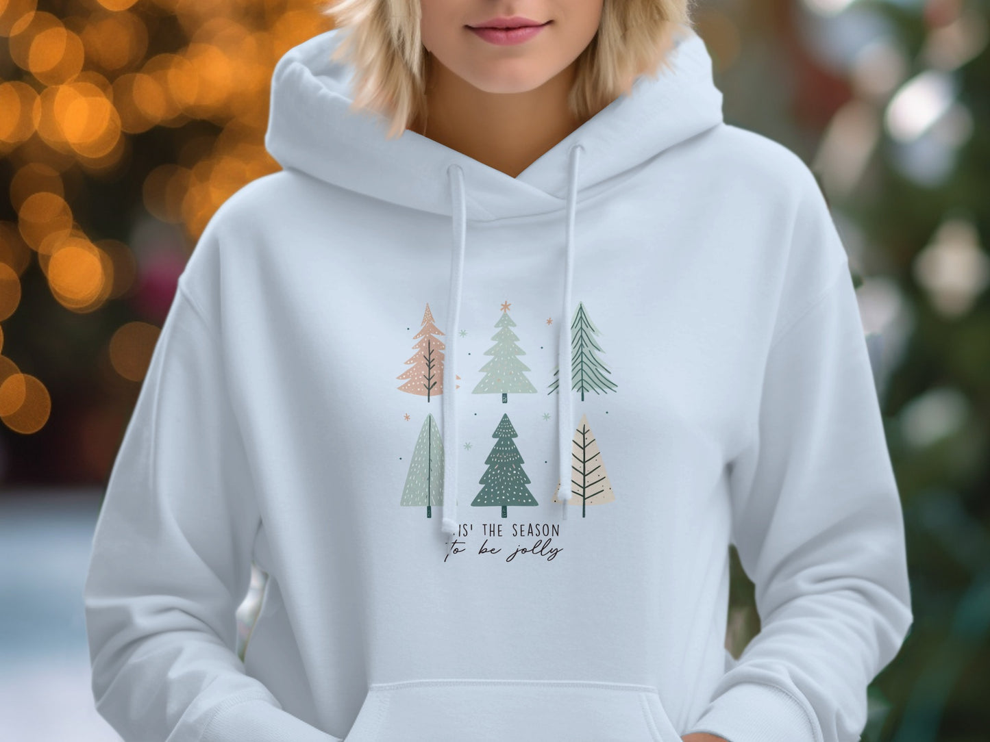Festive Holiday Hoodie with Colorful Christmas Trees Design