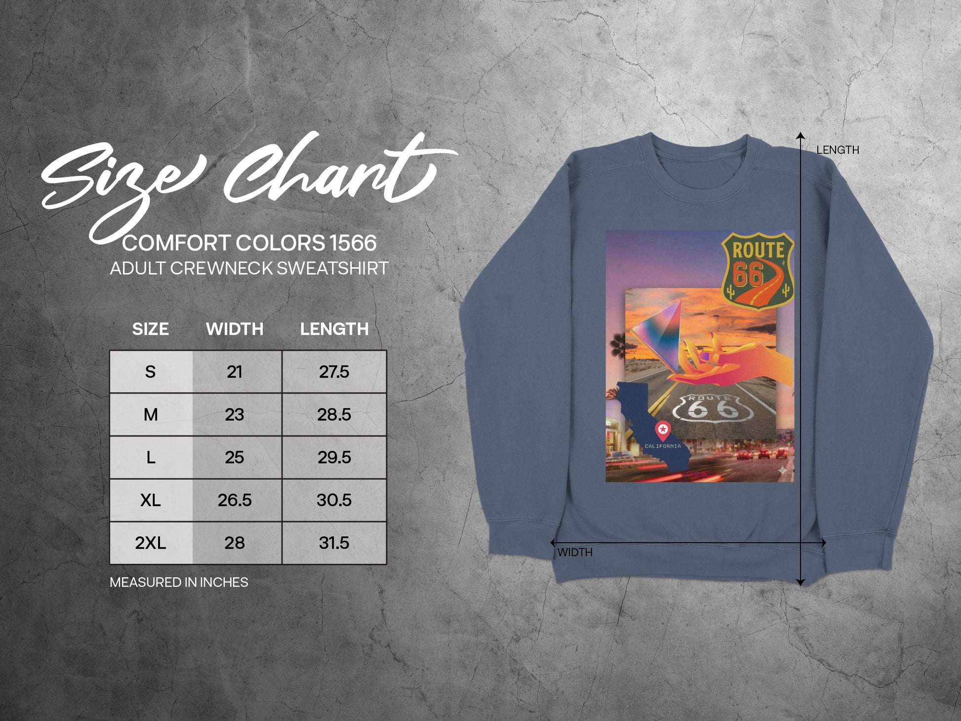 Size chart for Comfort Colors 1566 adult crewneck sweatshirt with Route 66 graphic.