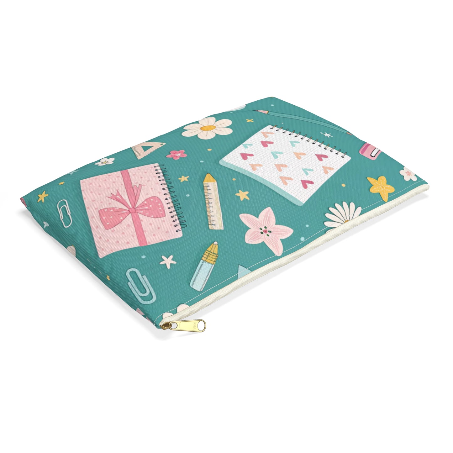 Teal pencil pouch with a pattern of notebooks, gift box, ruler, flowers, and paper clips.