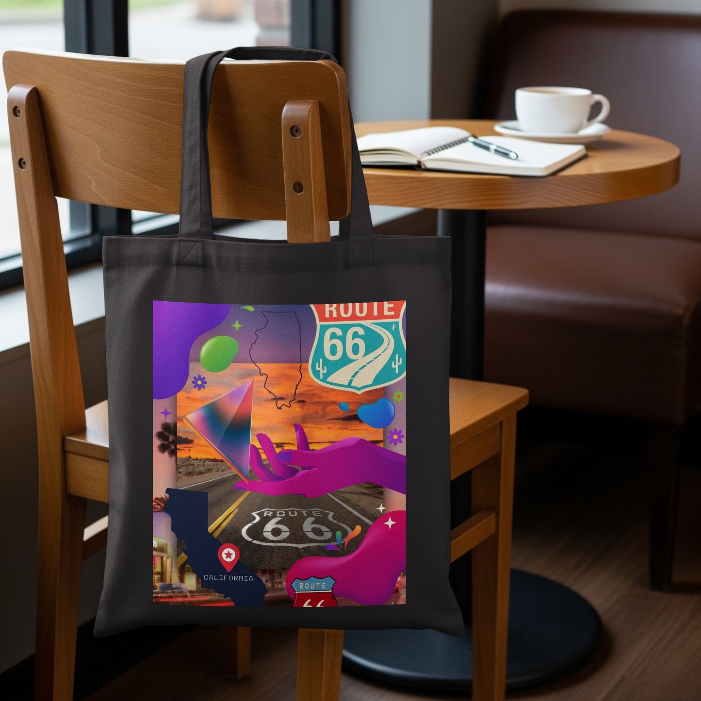 Tote bag with Route 66 collage: hands, desert, and sunset.