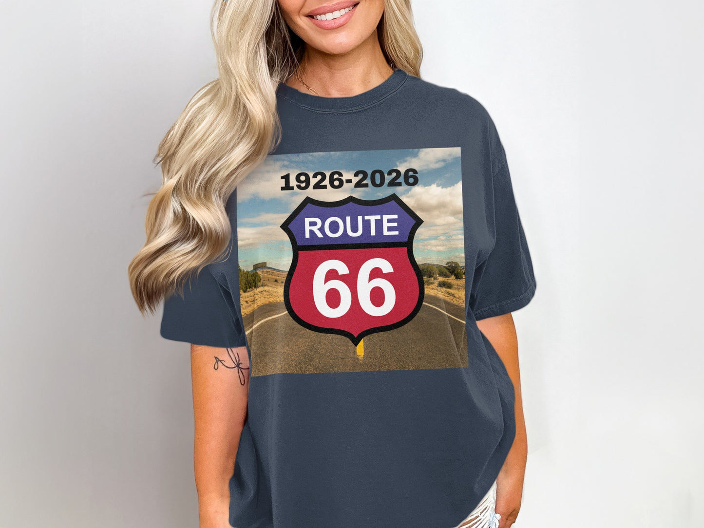 T-shirt with Route 66 shield graphic, 1926-2026 dates.