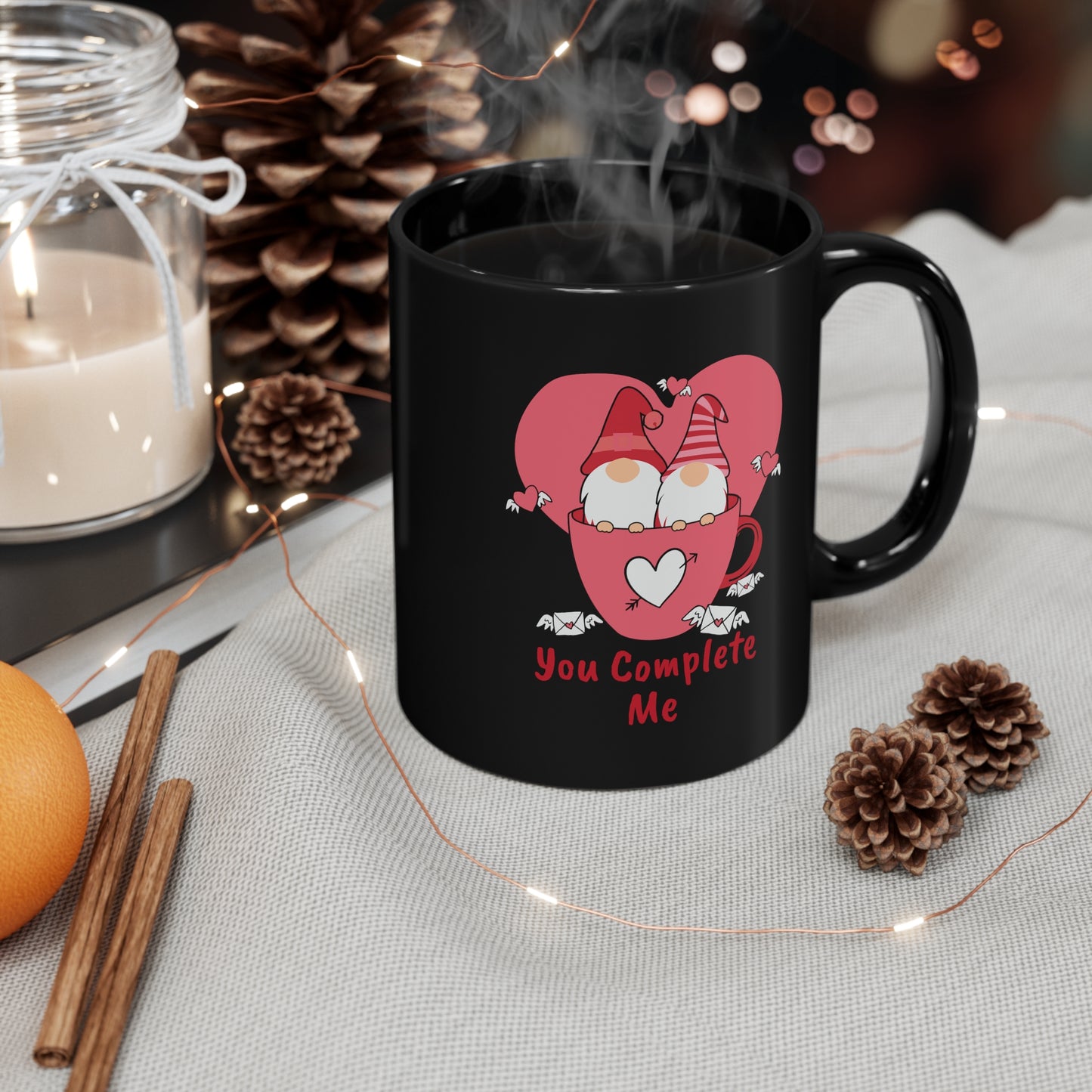 Valentine Gnome Coffee Mug, You Complete Me, Couples Coffee Mug Gift, Personalize 11oz Black Mug