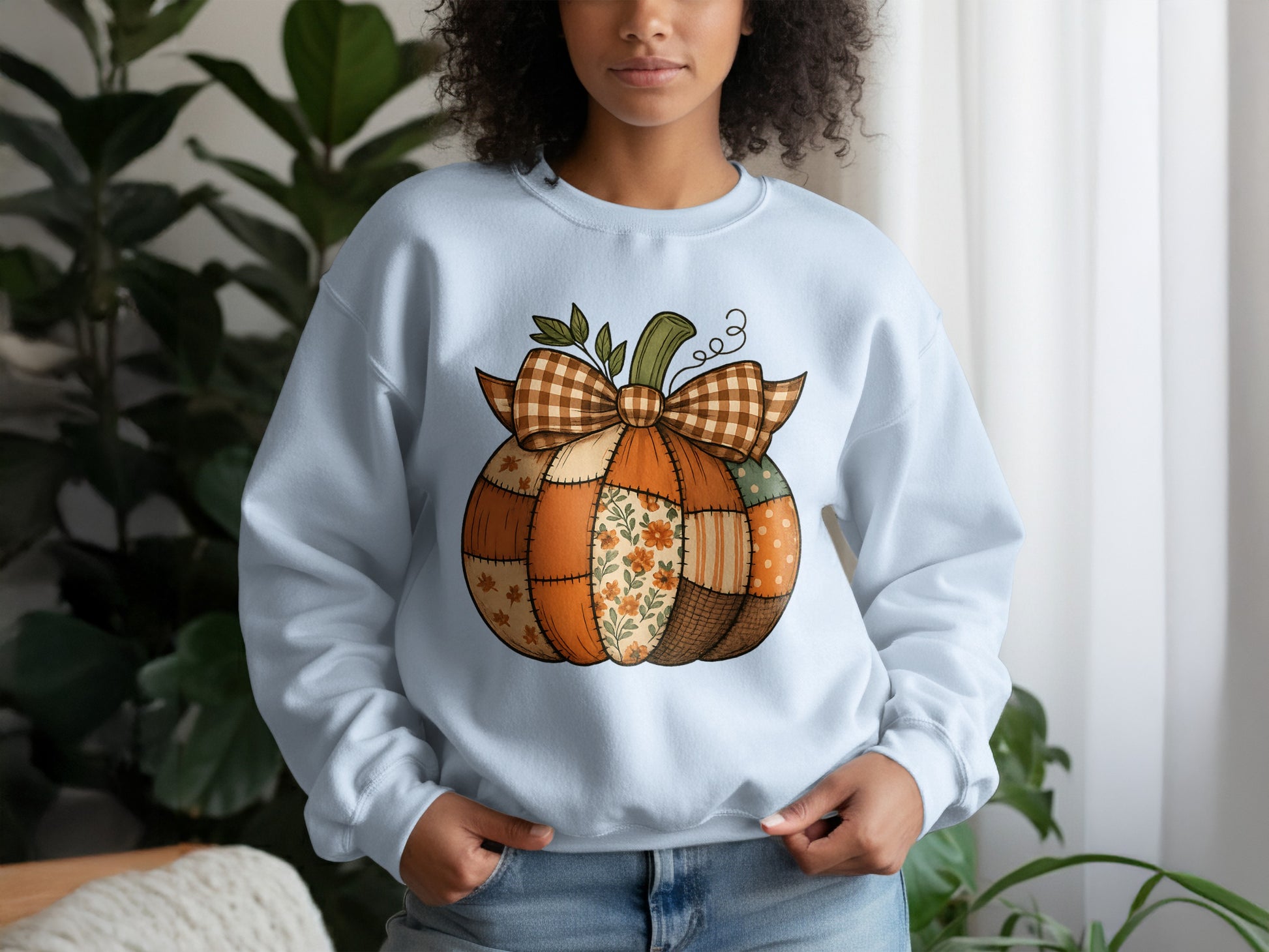Cozy Pumpkin Patchwork Design Sweatshirt