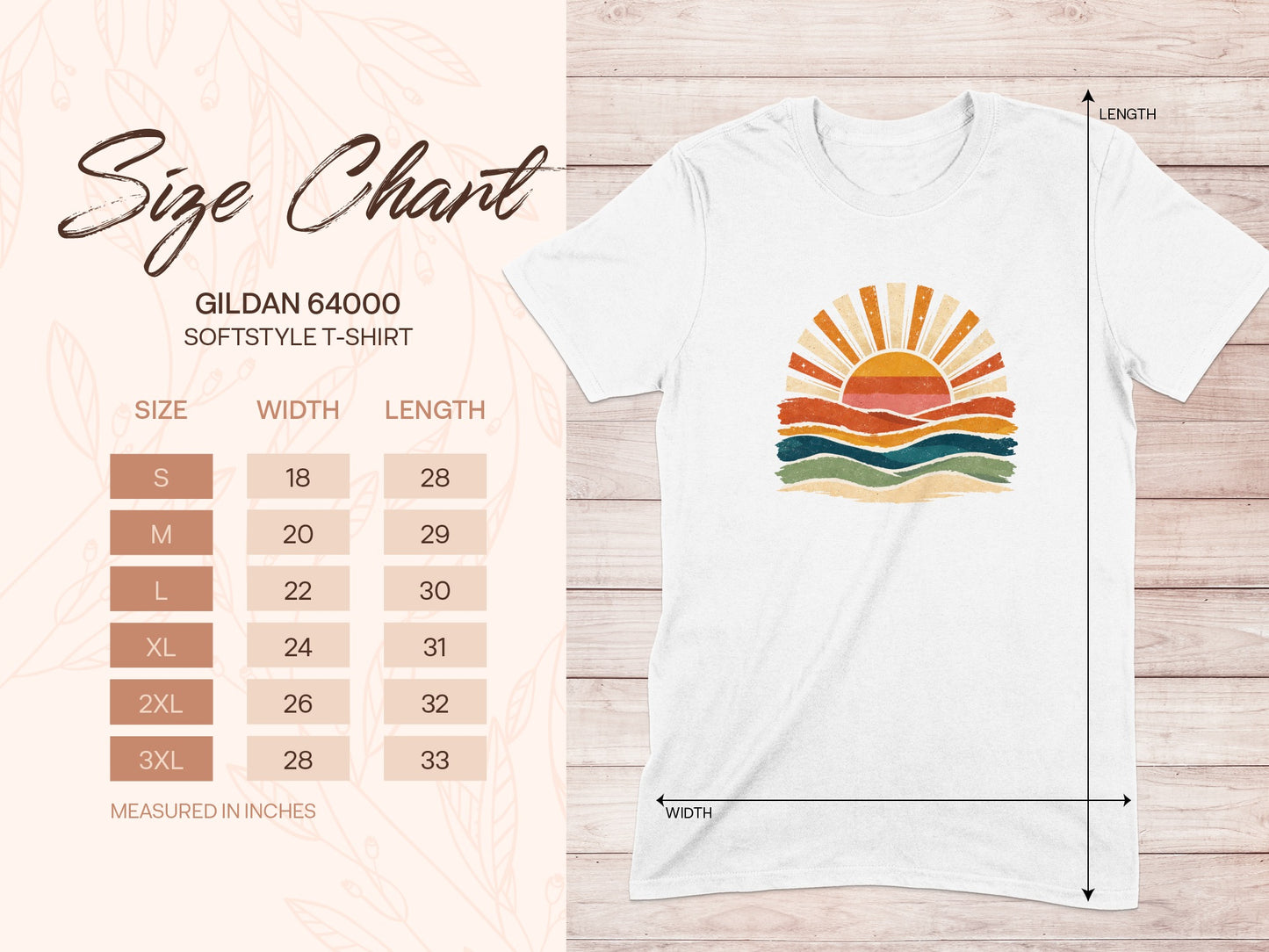 Gildan 64000 Softstyle T-Shirt size chart with measurements.