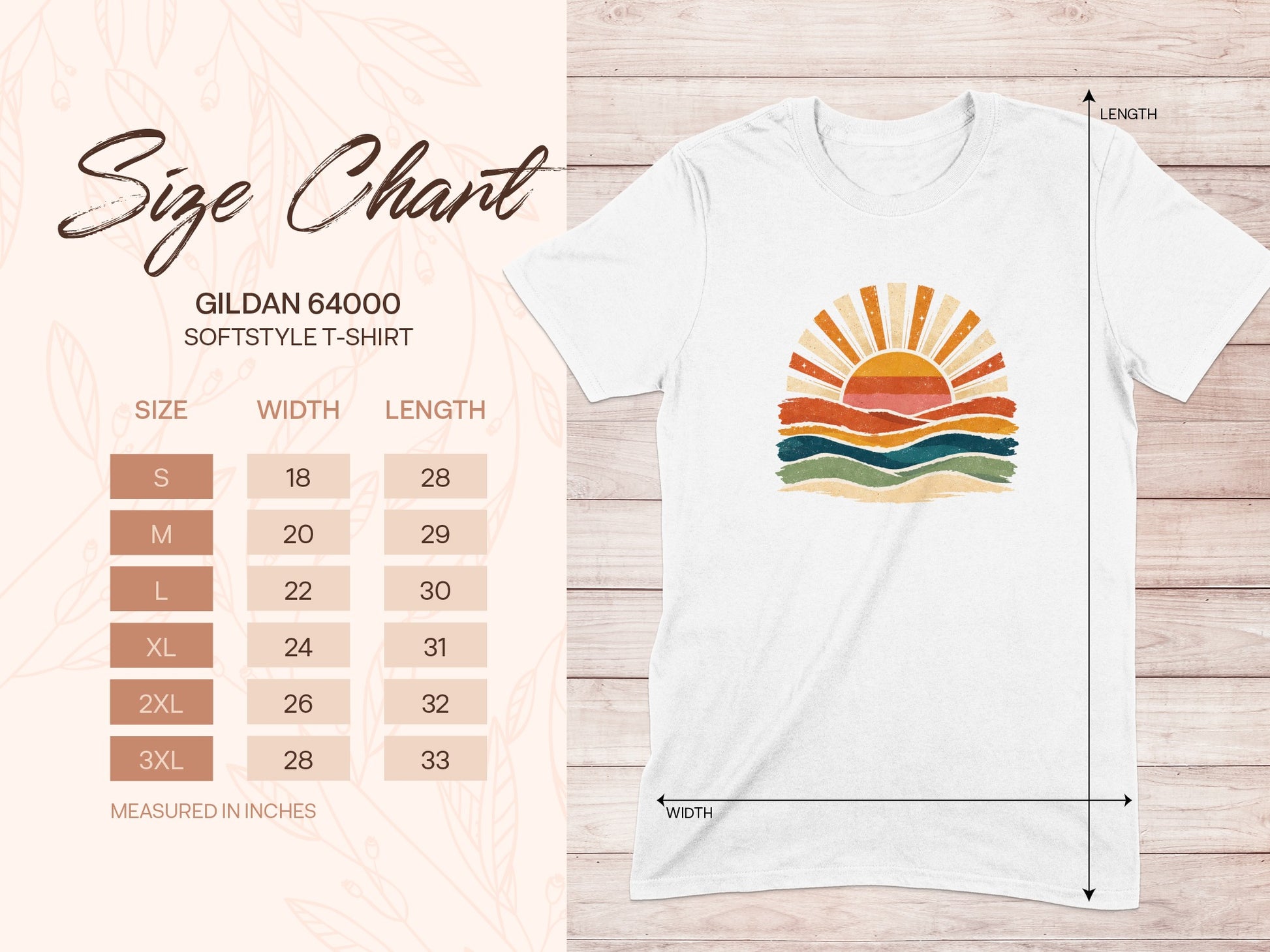 Gildan 64000 Softstyle T-Shirt size chart with measurements.