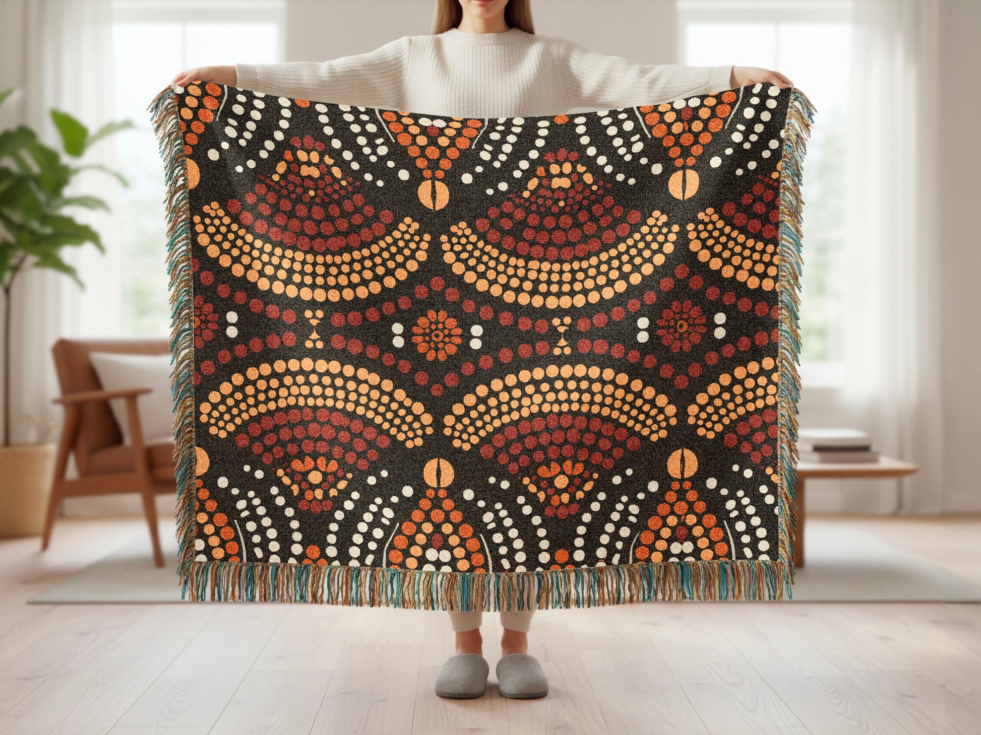 Woven blanket with dark background and an orange, brown, and white dot pattern.