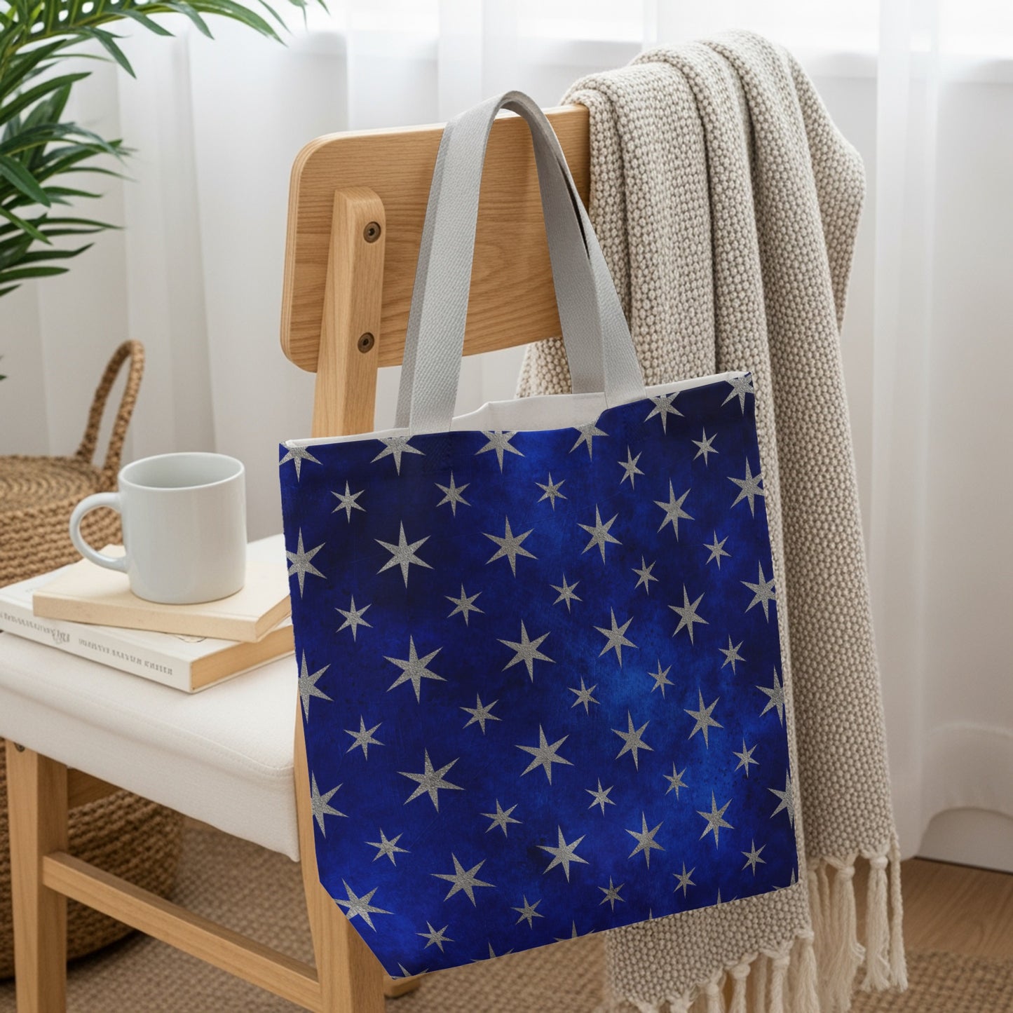 Stylish Tote with Navy and White Star Pattern