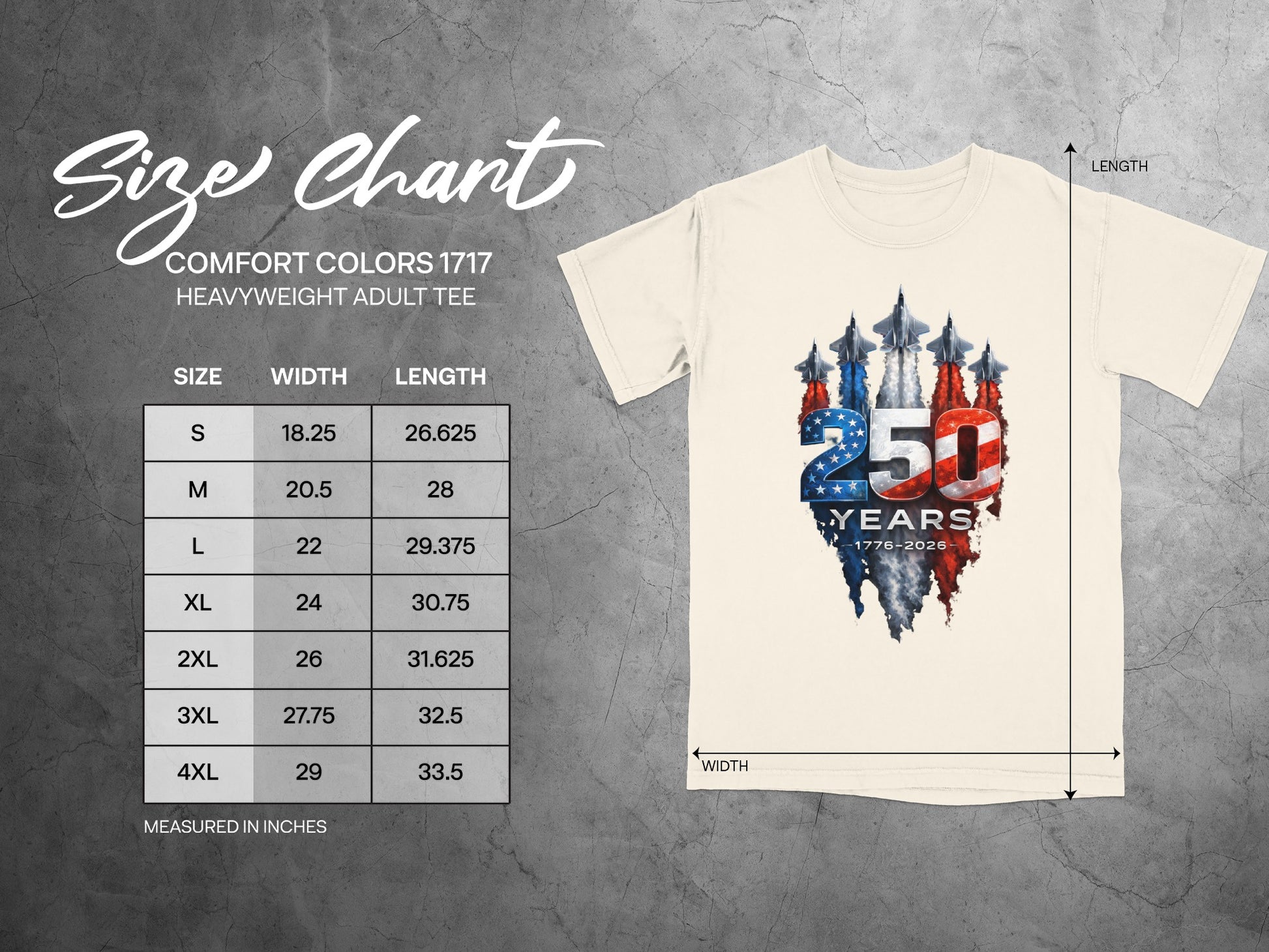 Size chart for Comfort Colors 1717 heavyweight adult tee with 250 Years graphic.