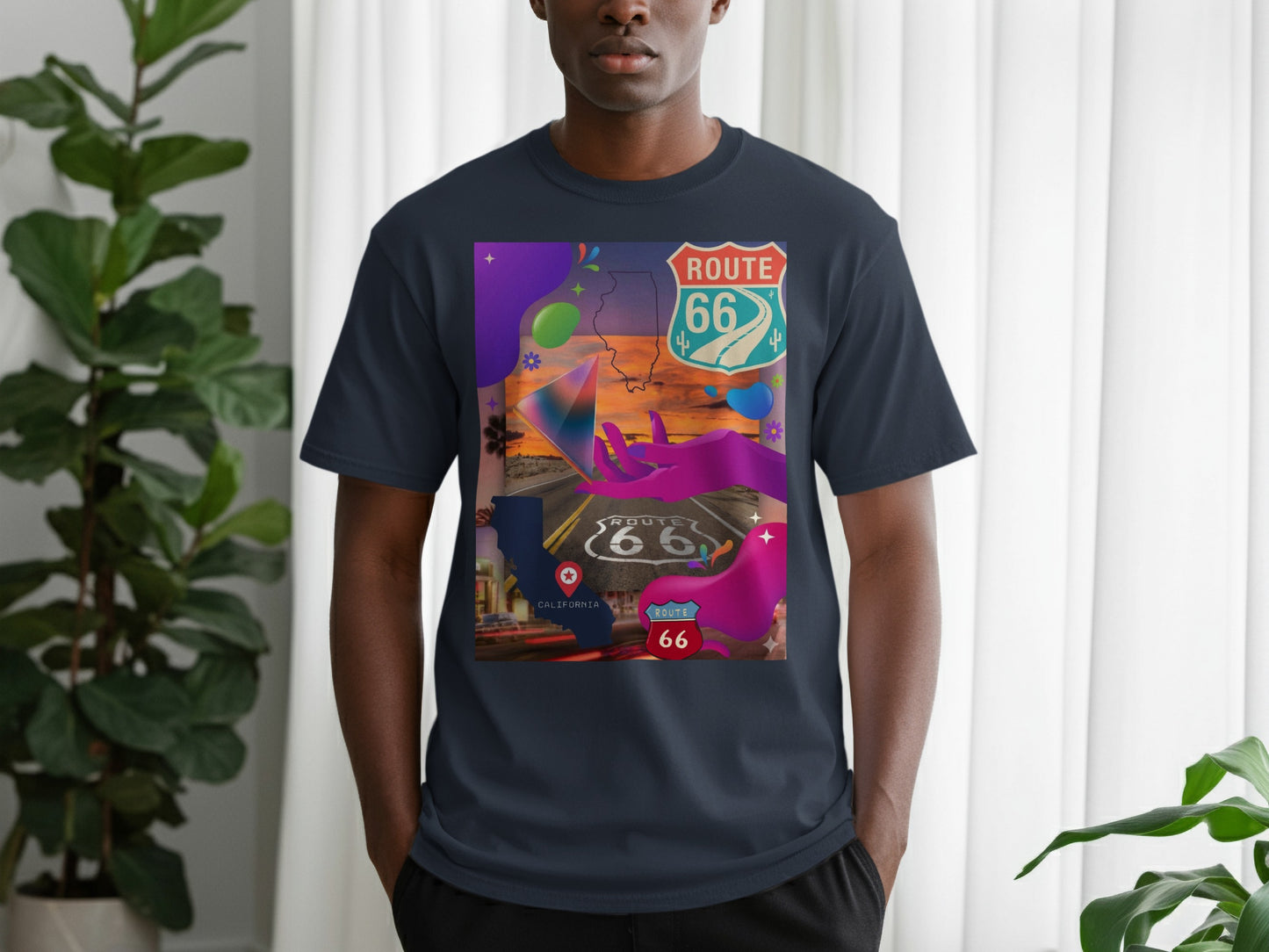 T-shirt featuring Route 66, California, and abstract colorful graphics.
