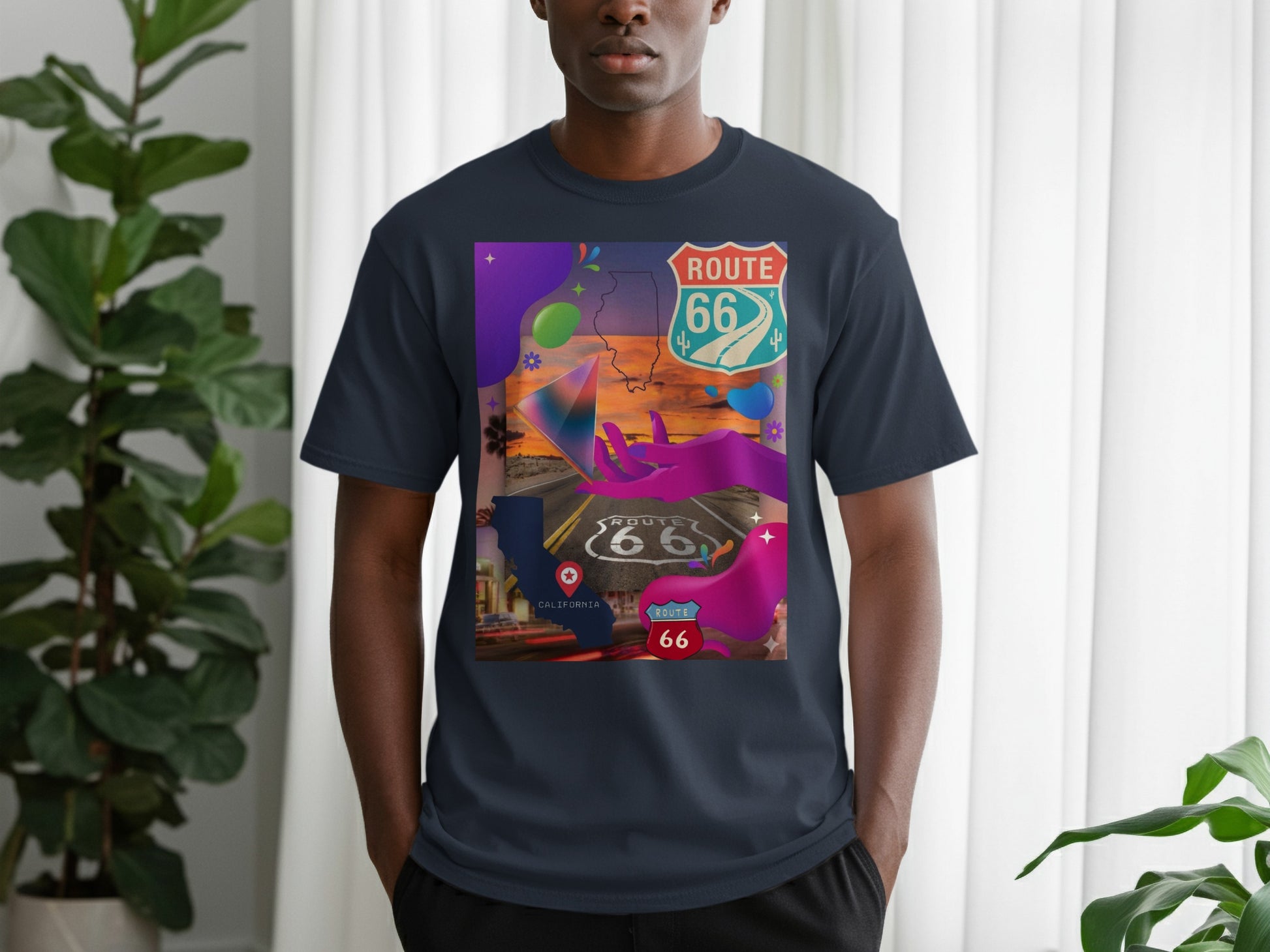 T-shirt featuring Route 66, California, and abstract colorful graphics.