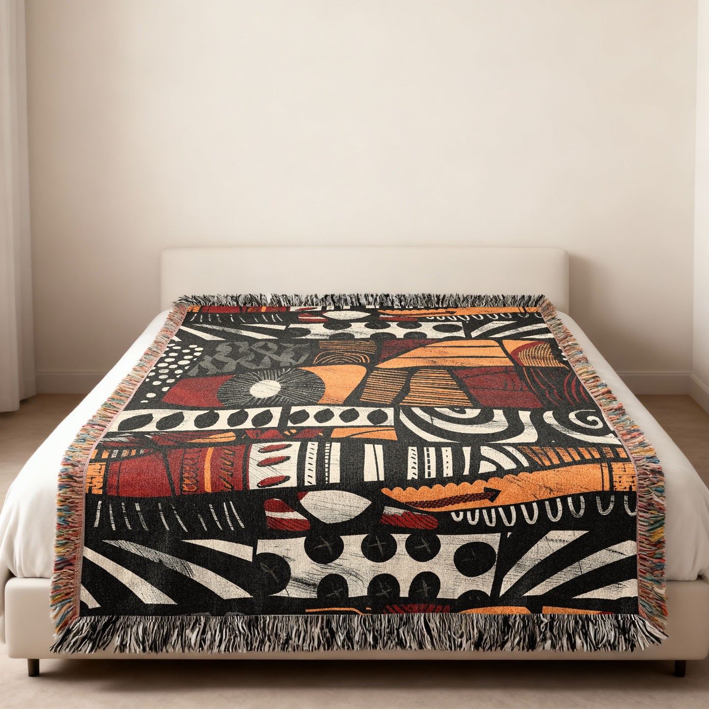 Woven blanket with abstract black, white, orange, and red geometric patterns.