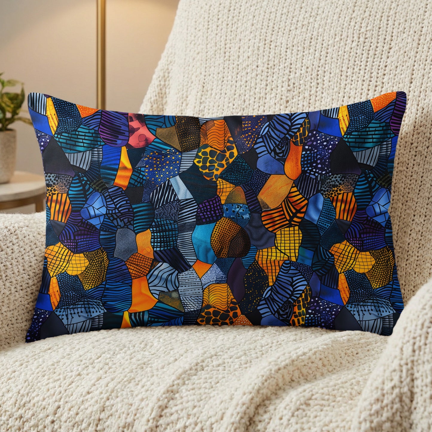 Rectangular pillow with a patchwork of geometric shapes in blue, orange, and yellow.