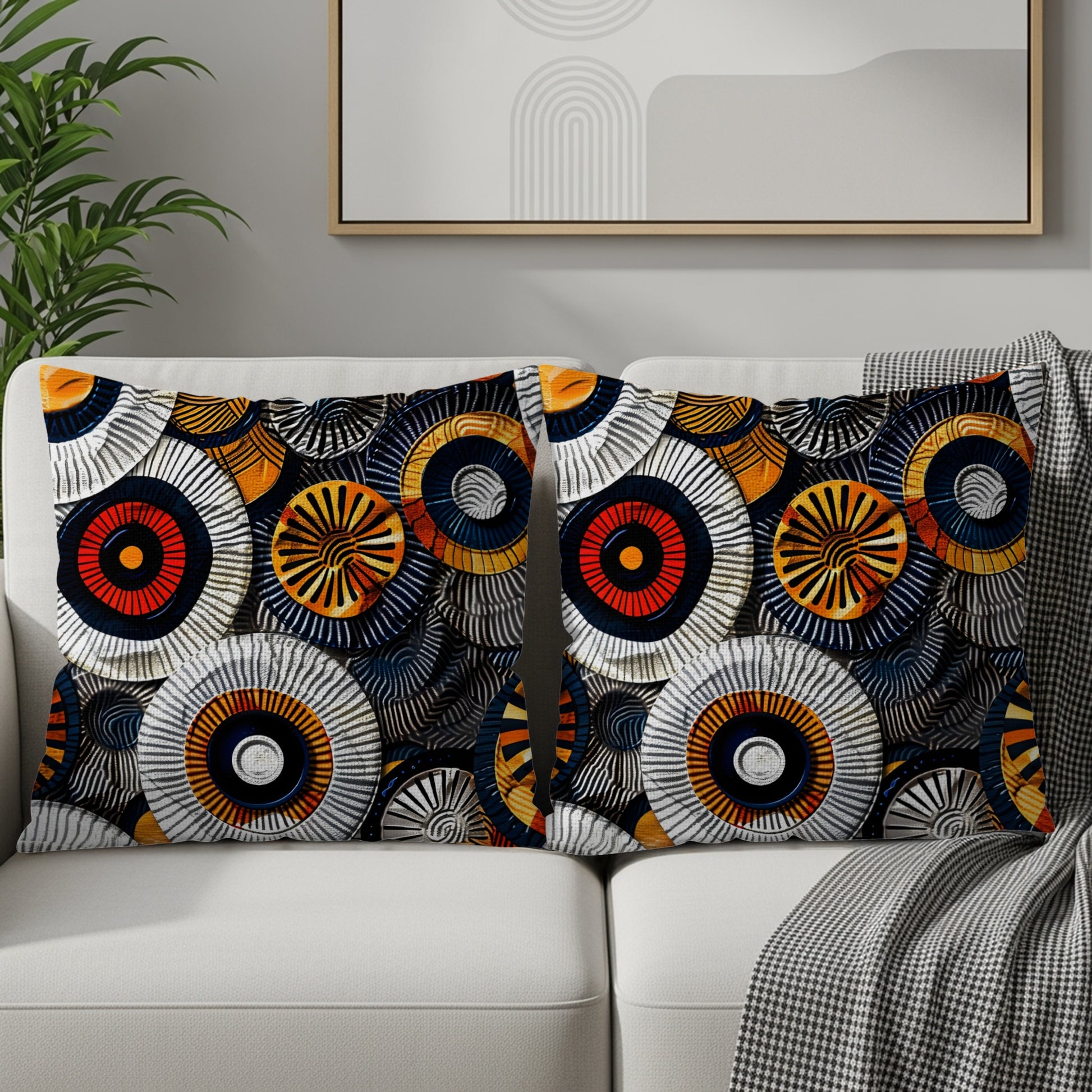 Two throw pillows with a colorful circular abstract pattern on a couch.