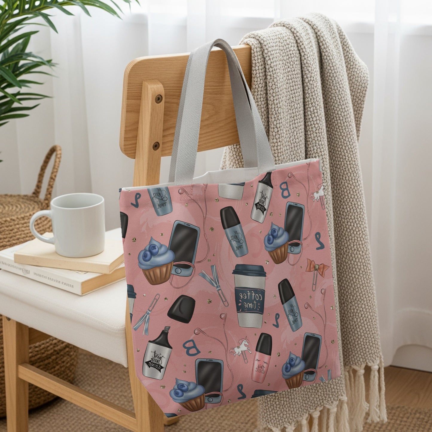 Stylish pink tote bag with makeup and coffee print