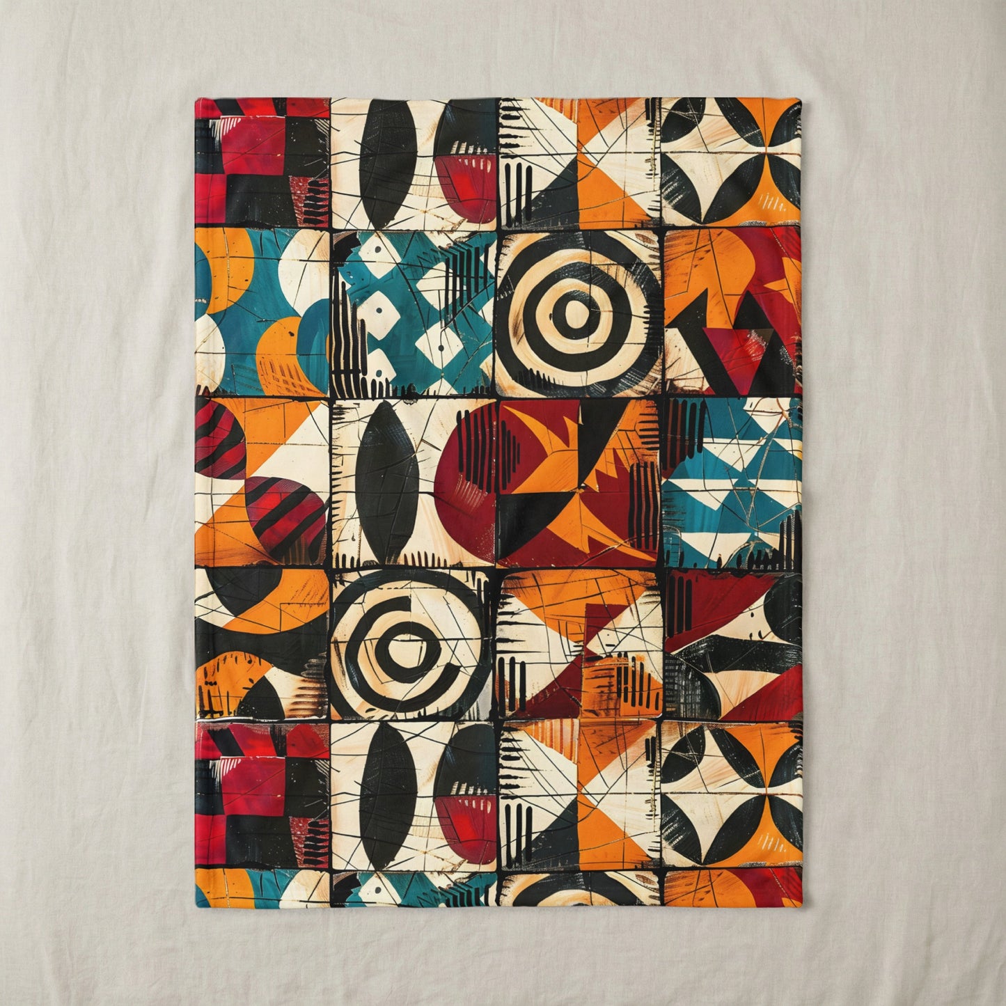 Colorful geometric abstract pattern of squares with circles, lines, and shapes.