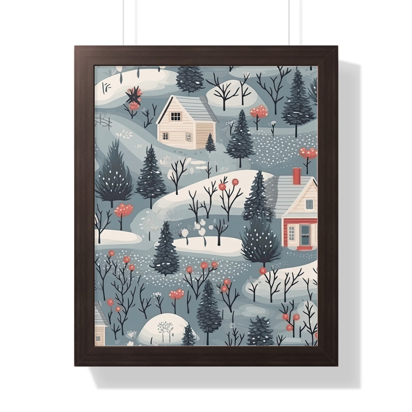 Winter Village Scene Wall Art in Wooden Frame
