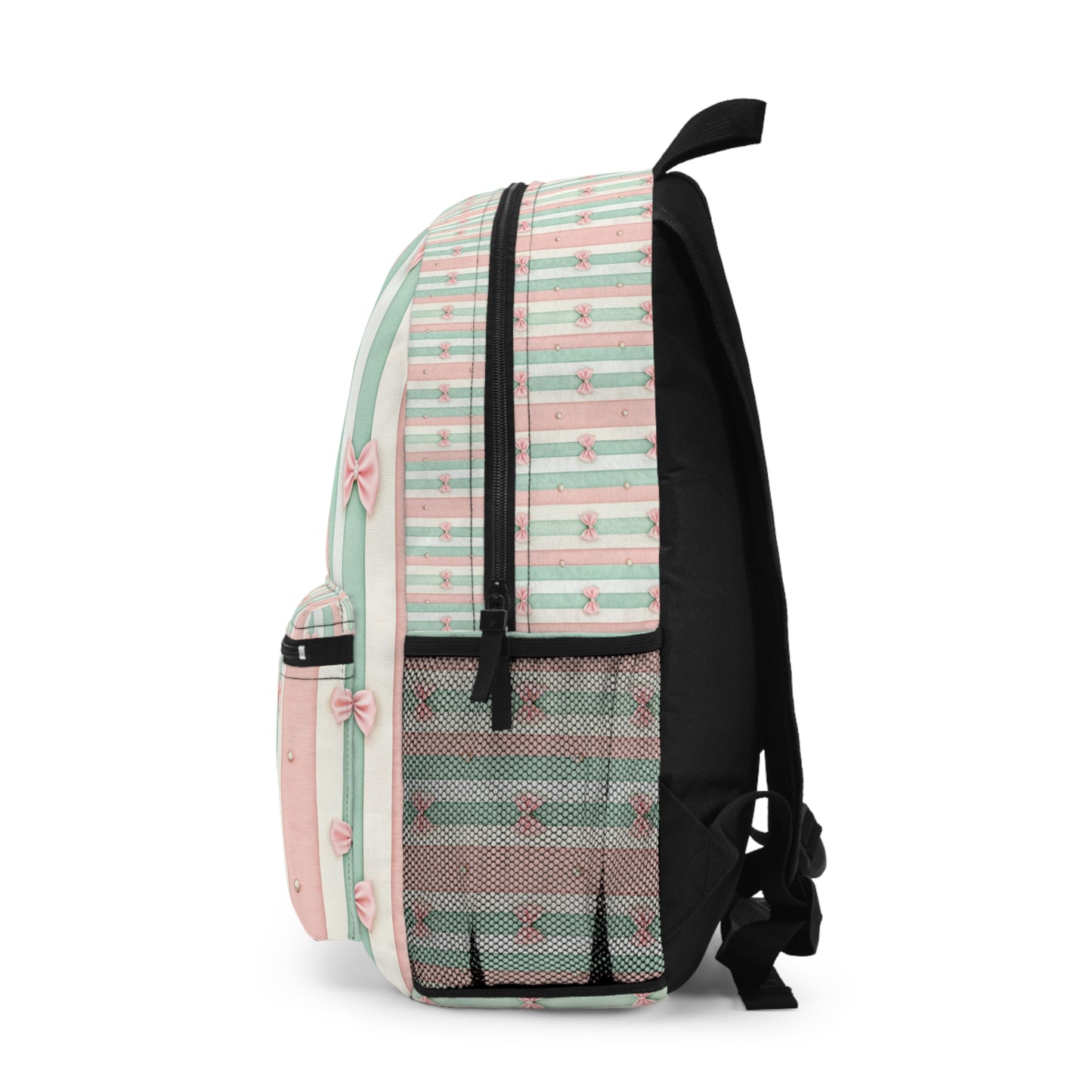 Backpack with pink bows and pastel stripes, featuring black straps.